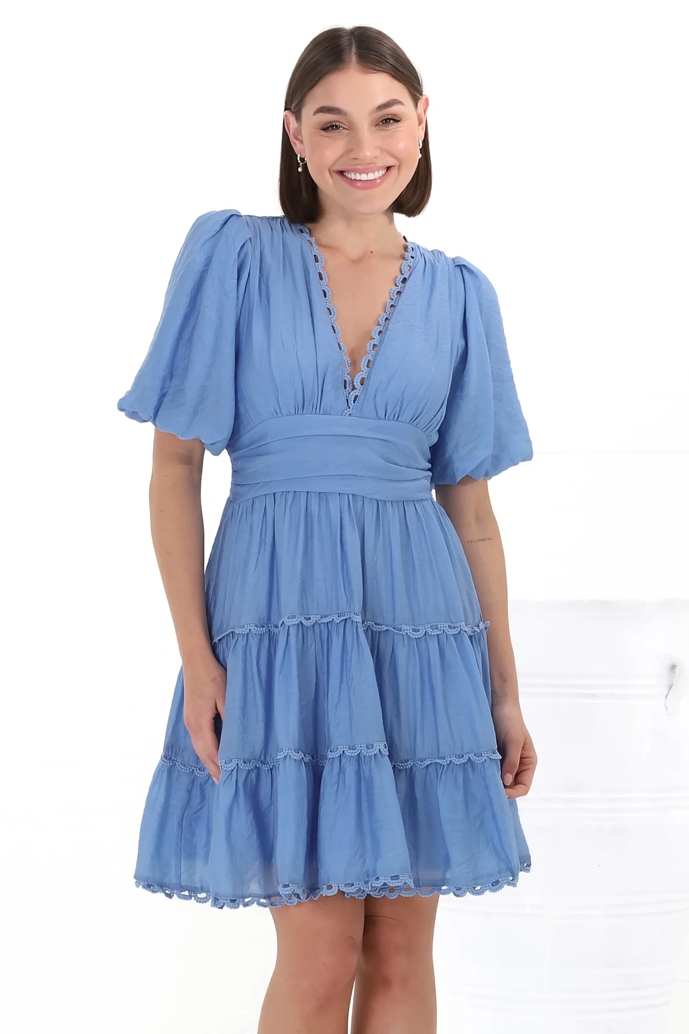 Haizlee Mini Dress - Billow Sleeve Tiered A-Line Mini in Blue sold by Salty Crush product image thumbnail 2
