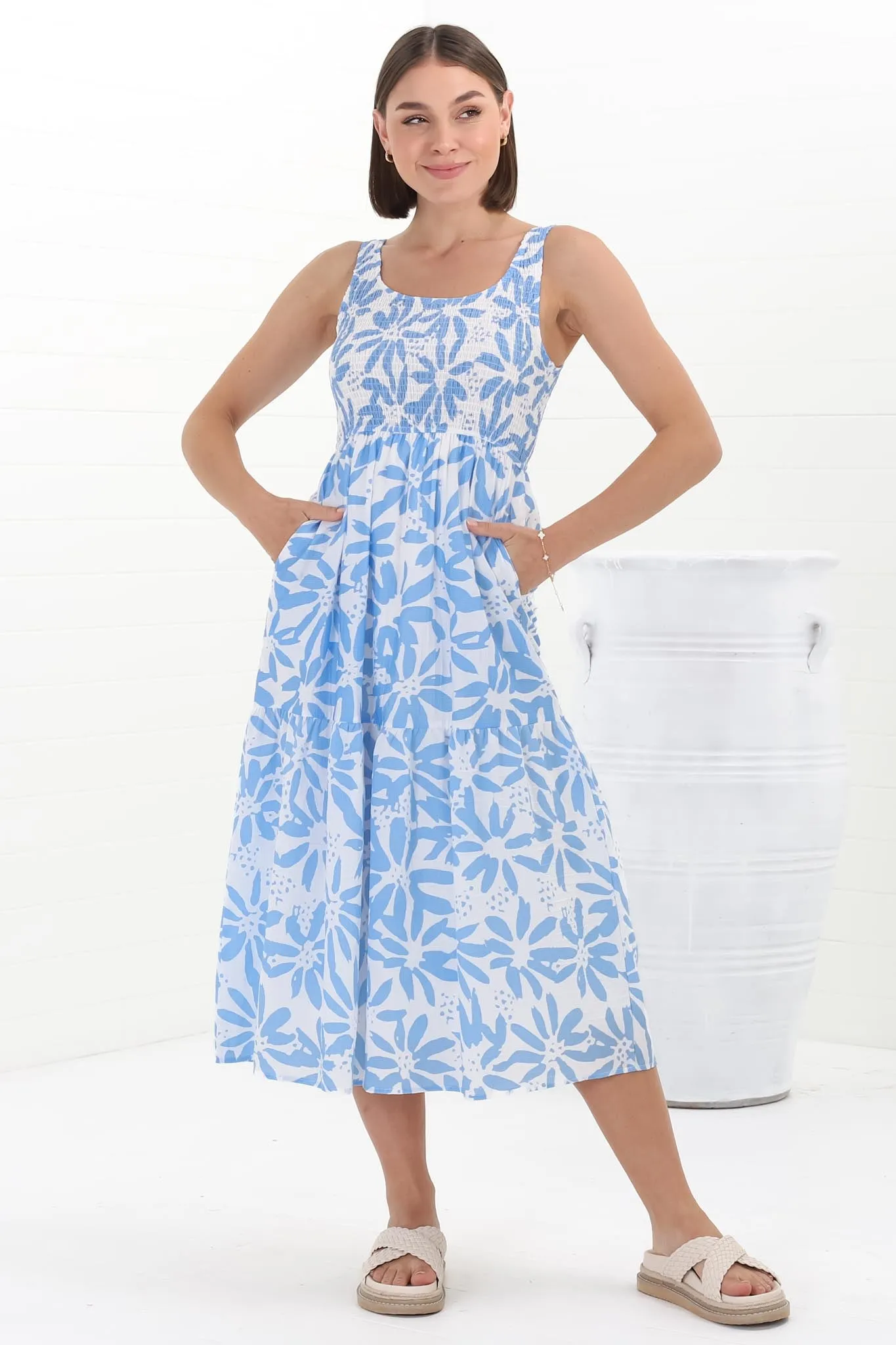 Sarlie Midi Dress - Shirred Bodice Tiered Sun Dress in Viola Print Blue sold by Salty Crush product image thumbnail 4
