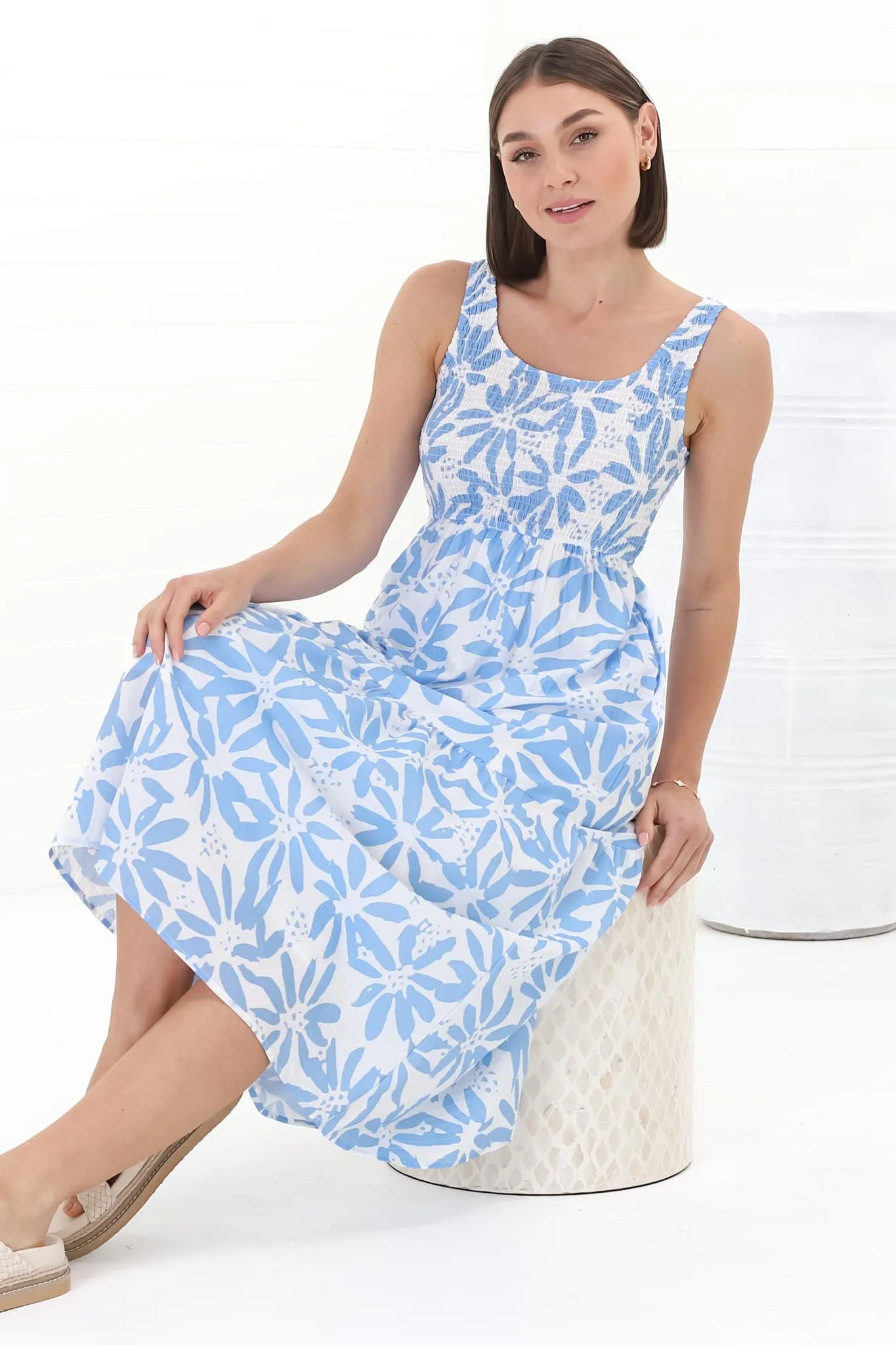 Sarlie Midi Dress - Shirred Bodice Tiered Sun Dress in Viola Print Blue sold by Salty Crush product image thumbnail 3