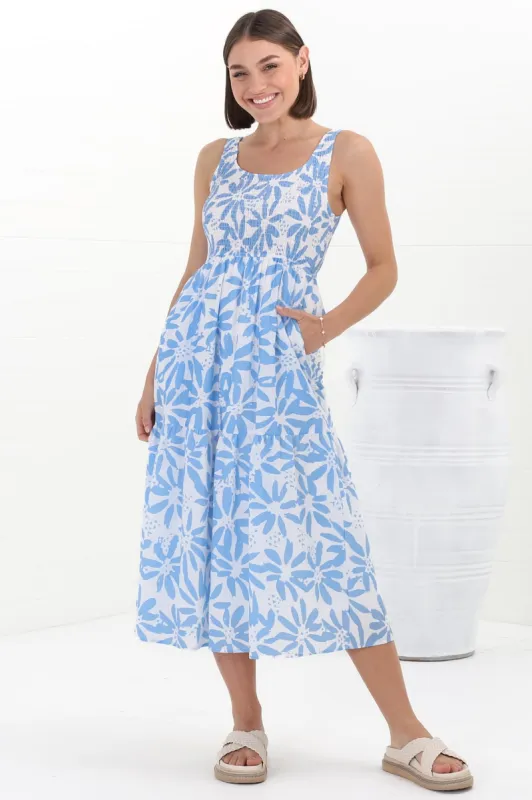 Sarlie Midi Dress - Shirred Bodice Tiered Sun Dress in Viola Print Blue sold by Salty Crush
