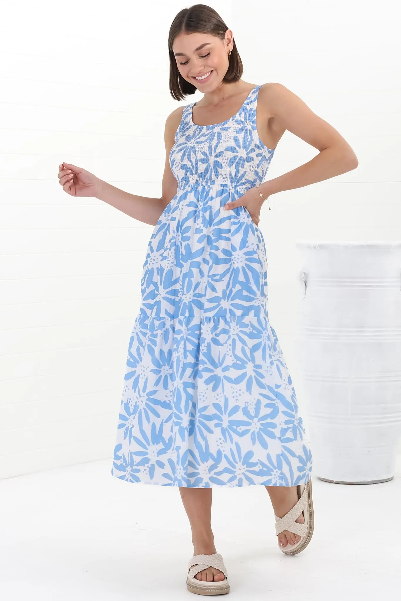 Sarlie Midi Dress - Shirred Bodice Tiered Sun Dress in Viola Print Blue sold by Salty Crush product image thumbnail 2