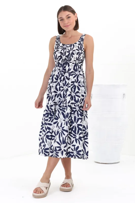 Sarlie Midi Dress - Shirred Bodice Tiered Sun Dress in Viola Print Navy sold by Salty Crush