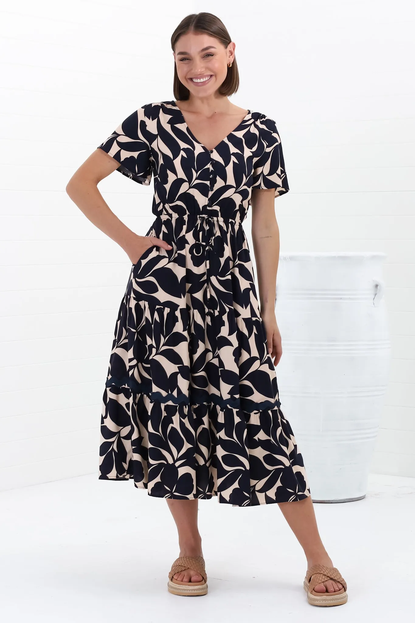 Marly Midi Dress - A Line Dress with Cap Sleeves and Rick Rack Splicing Kiera Print Navy sold by Salty Crush product image thumbnail 3