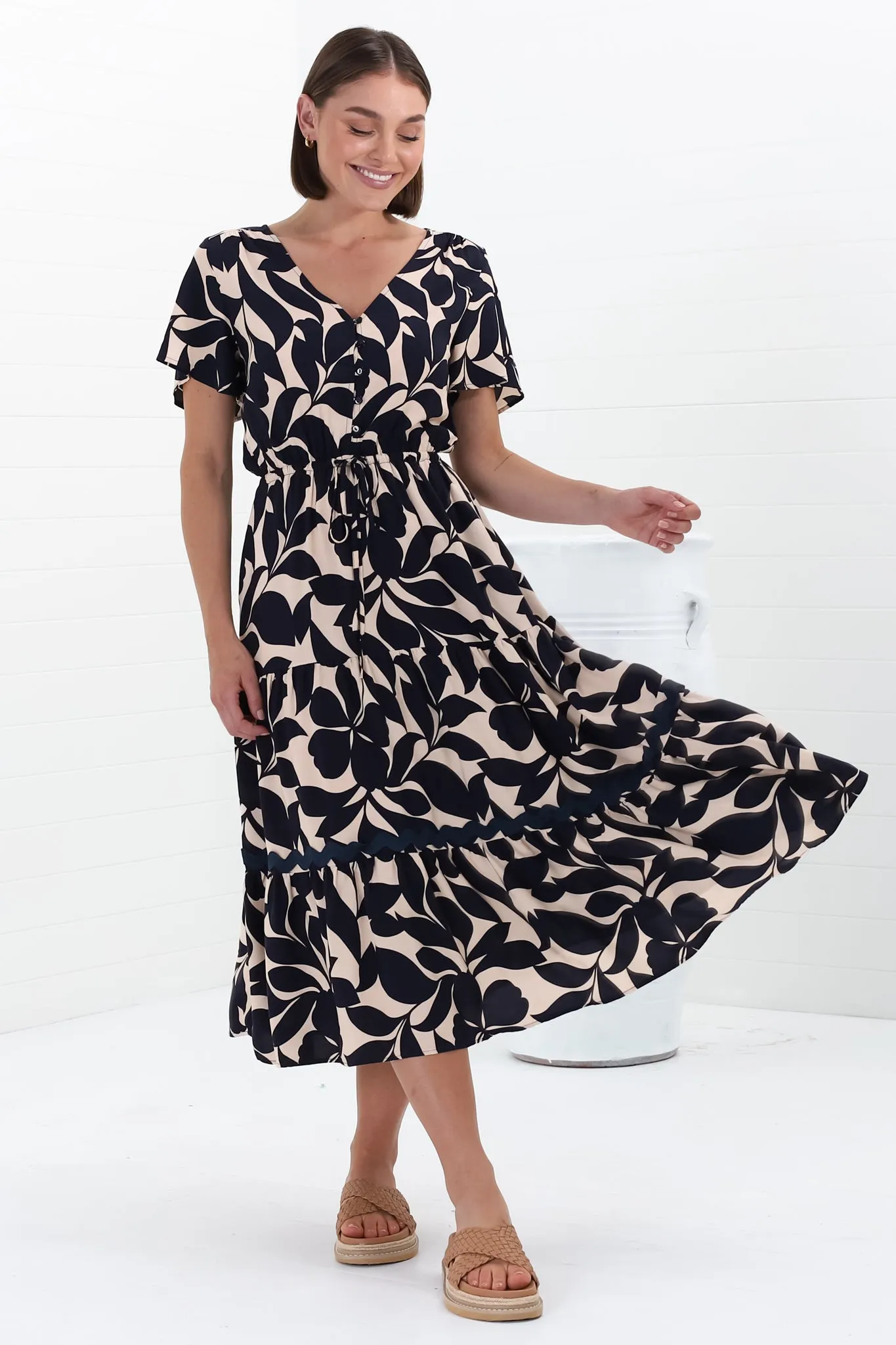 Marly Midi Dress - A Line Dress with Cap Sleeves and Rick Rack Splicing Kiera Print Navy sold by Salty Crush product image thumbnail 4
