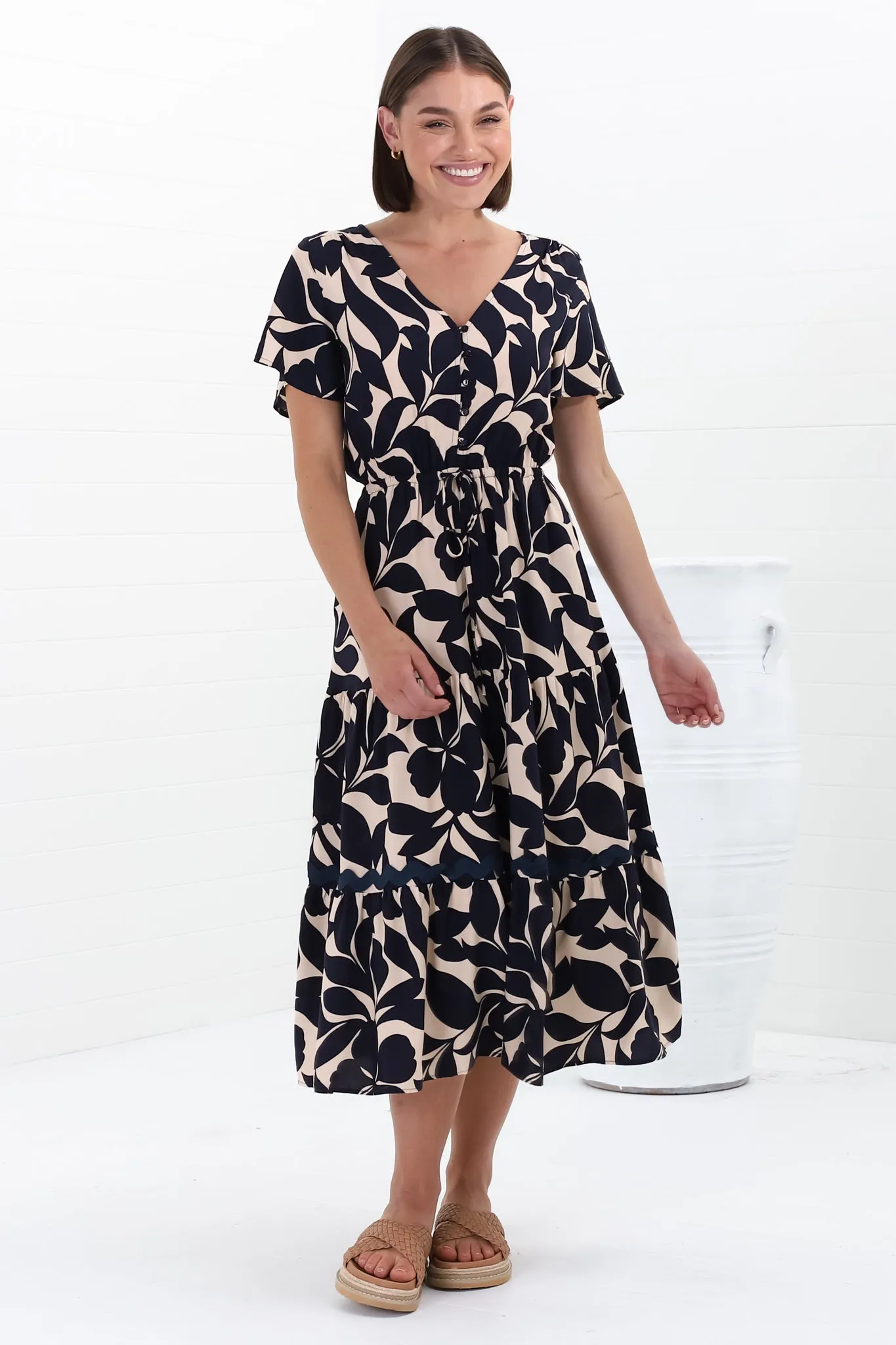 Marly Midi Dress - A Line Dress with Cap Sleeves and Rick Rack Splicing Kiera Print Navy sold by Salty Crush product image thumbnail 5