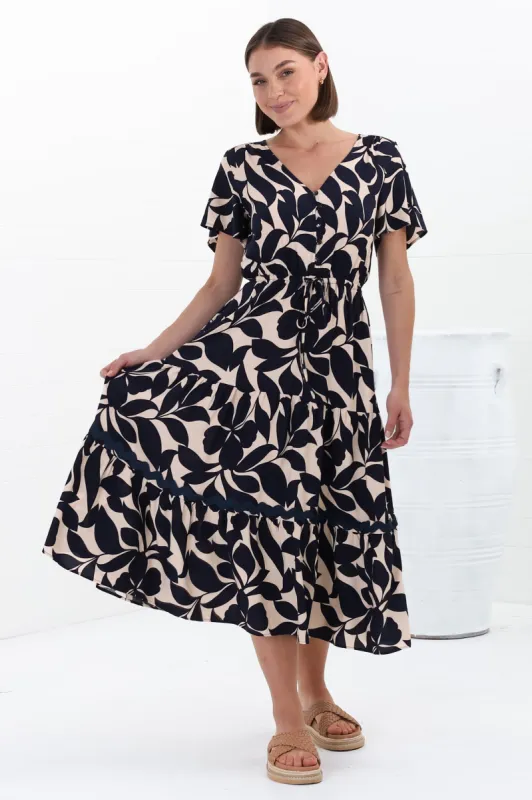 Marly Midi Dress - A Line Dress with Cap Sleeves and Rick Rack Splicing Kiera Print Navy sold by Salty Crush