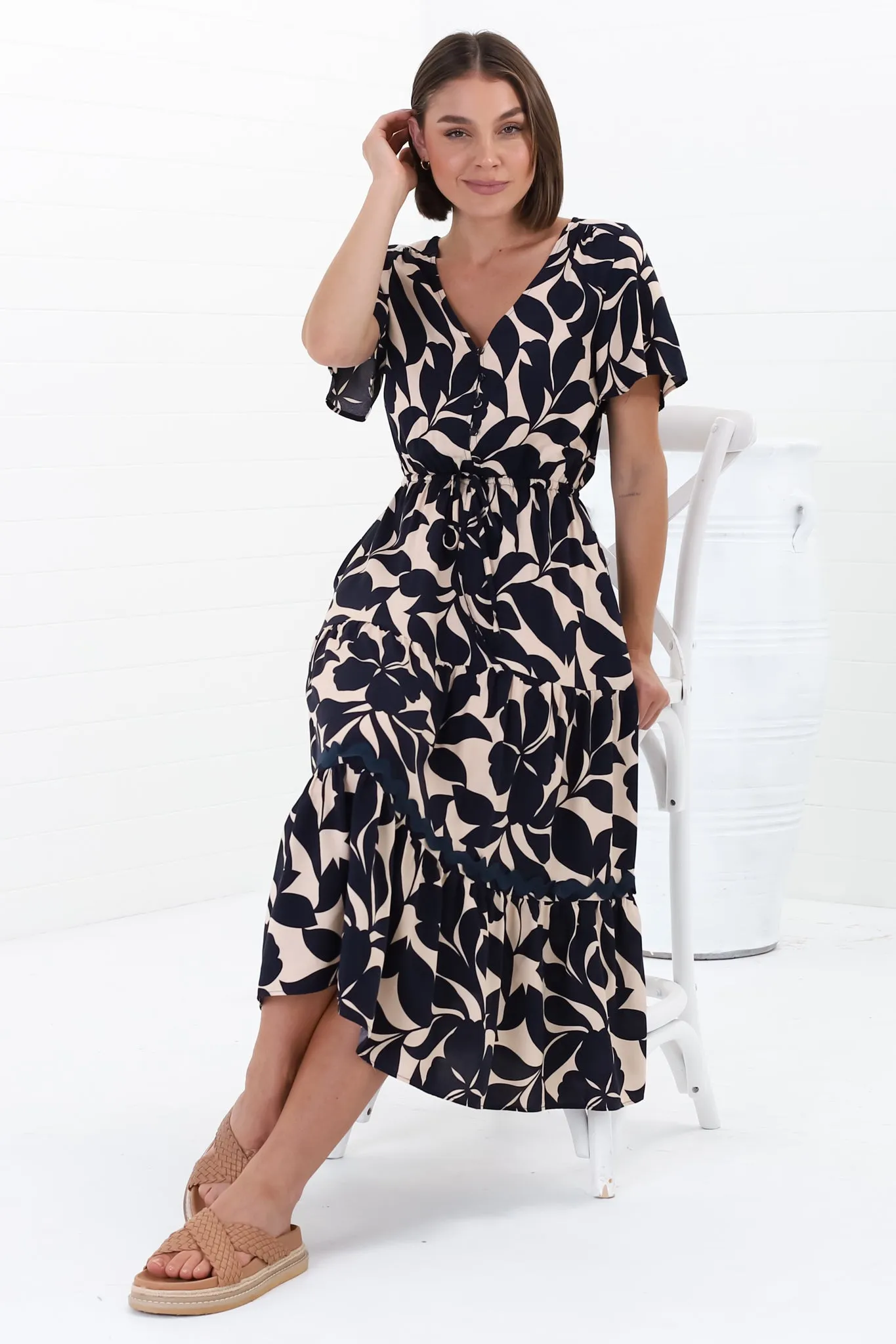 Marly Midi Dress - A Line Dress with Cap Sleeves and Rick Rack Splicing Kiera Print Navy sold by Salty Crush product image thumbnail 2
