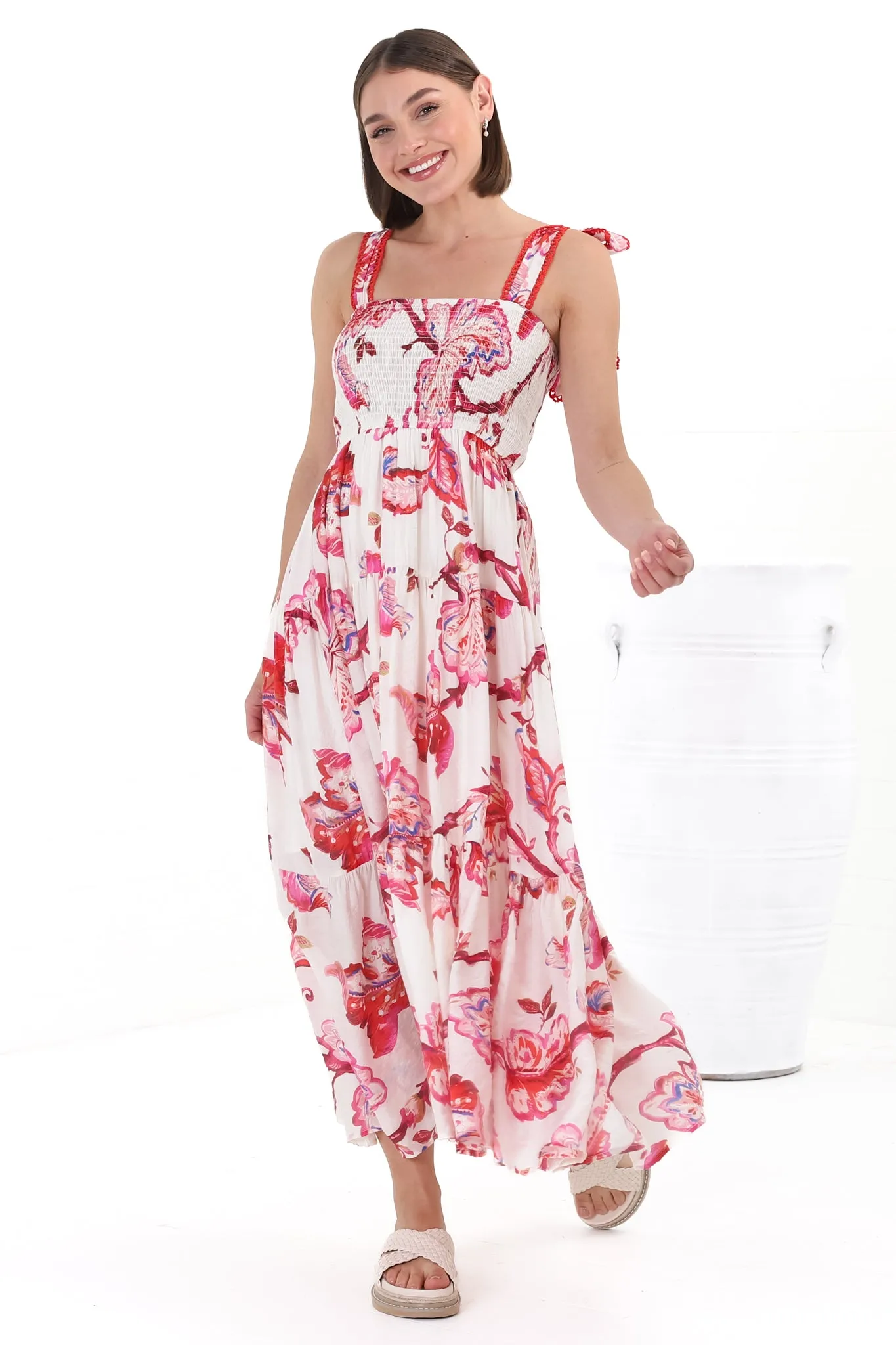 Emmelyn Maxi Dress - Lace Trim Tie Strap Sun Dress in Carlee Print sold by Salty Crush product image thumbnail 5
