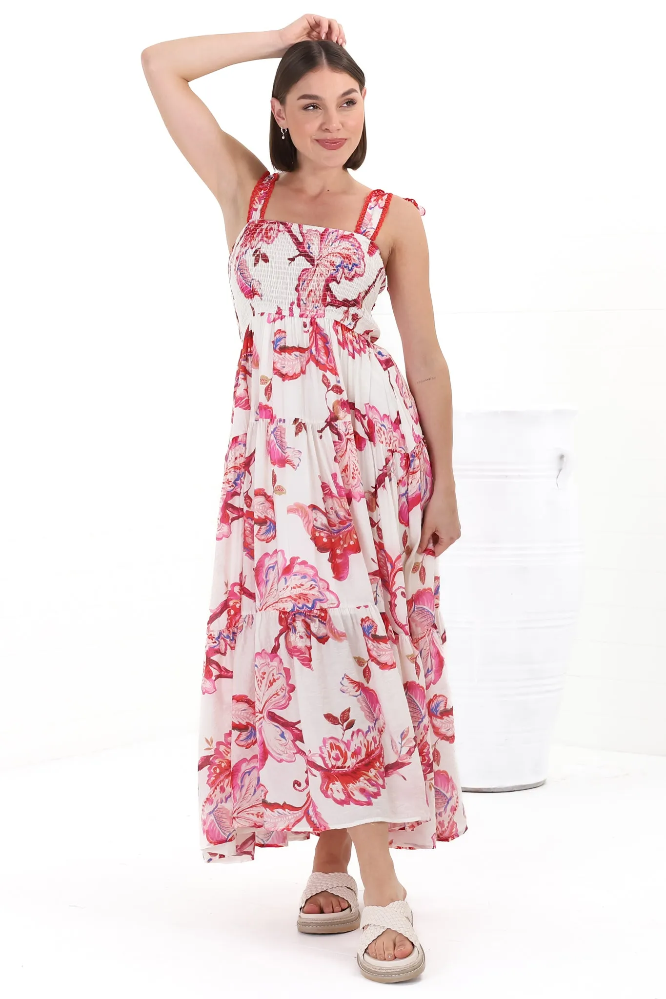 Emmelyn Maxi Dress - Lace Trim Tie Strap Sun Dress in Carlee Print sold by Salty Crush product image thumbnail 4