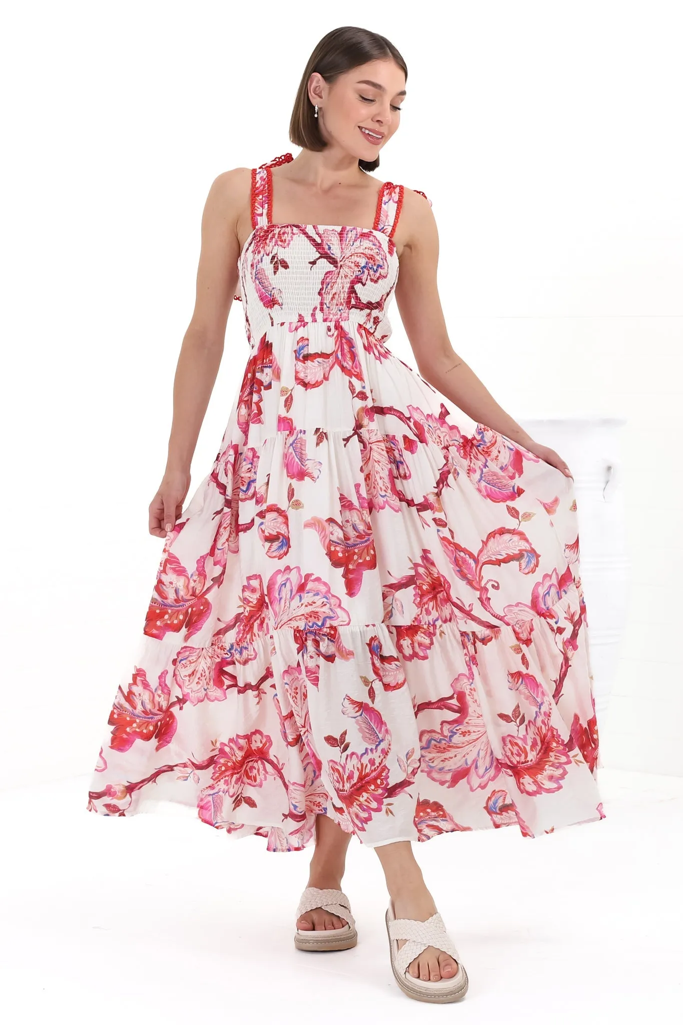 Emmelyn Maxi Dress - Lace Trim Tie Strap Sun Dress in Carlee Print sold by Salty Crush