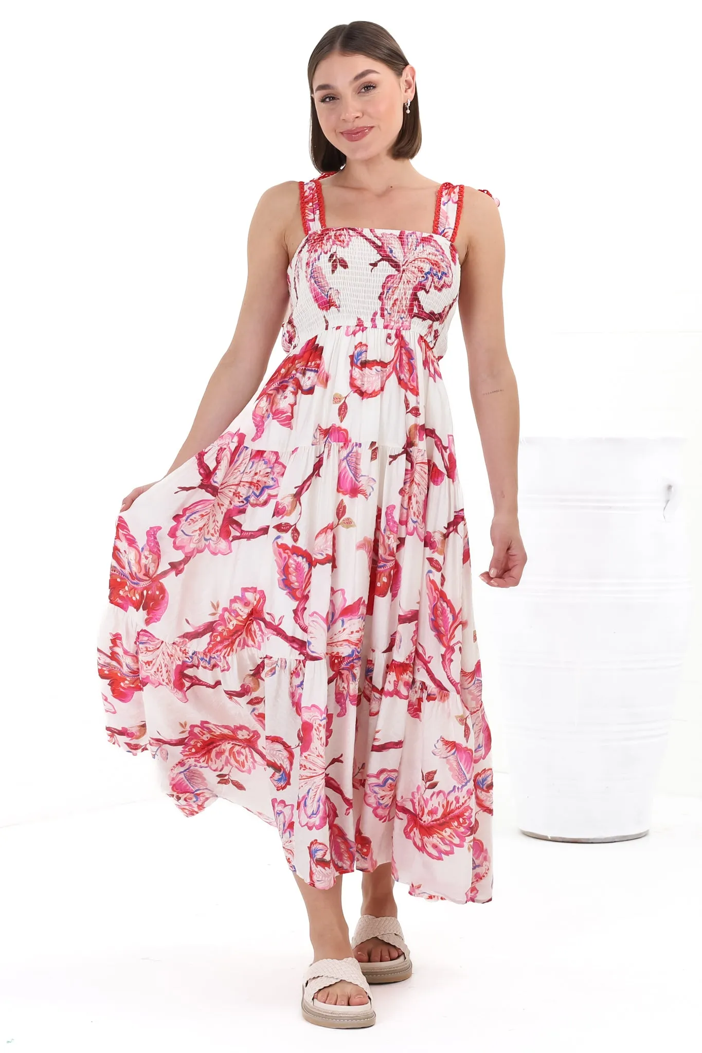 Emmelyn Maxi Dress - Lace Trim Tie Strap Sun Dress in Carlee Print sold by Salty Crush product image thumbnail 3