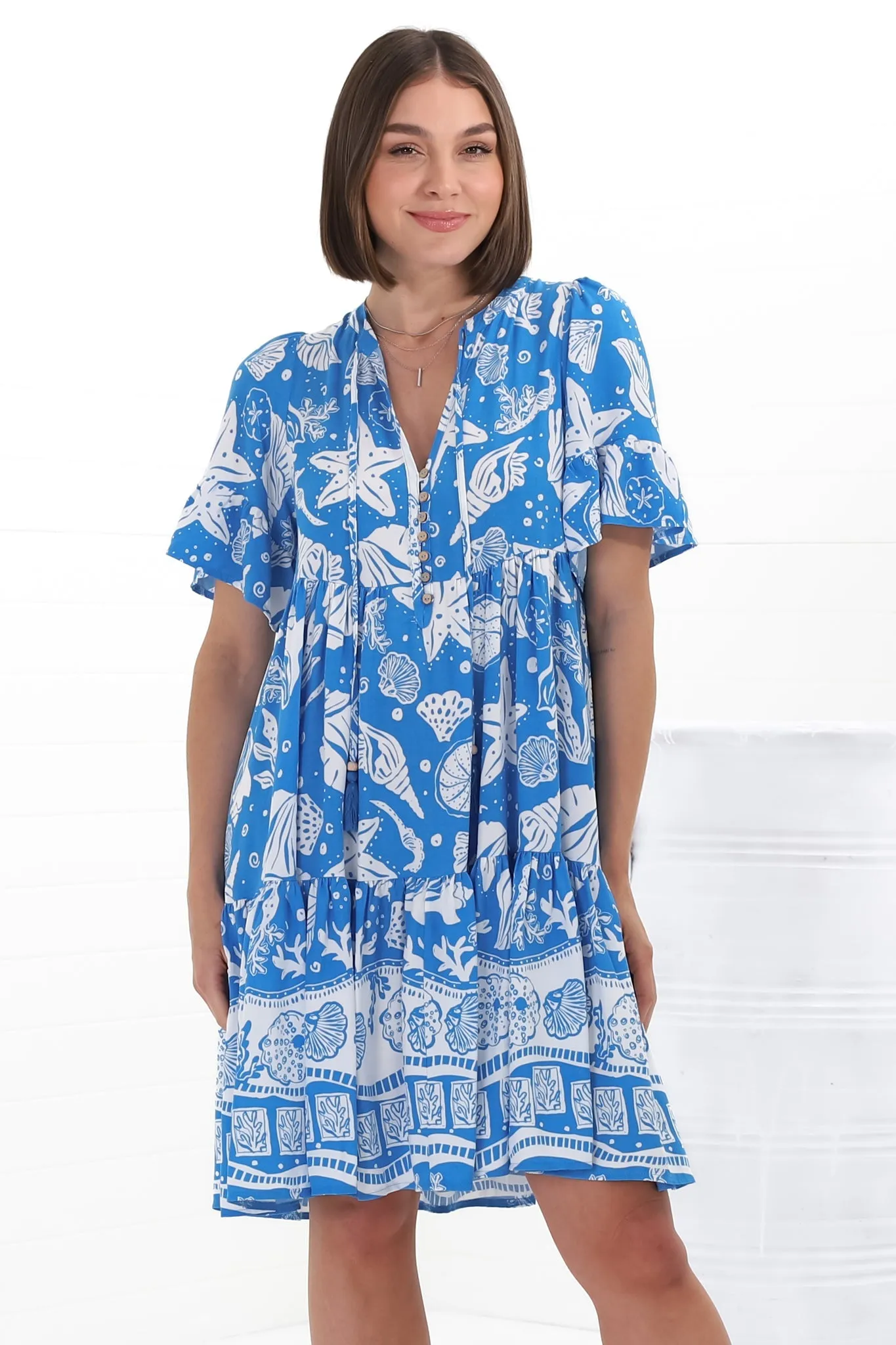 Siena Mini Dress - Flute Sleeve Tiered Smock Dress in Arwen Print sold by Salty Crush product image thumbnail 5