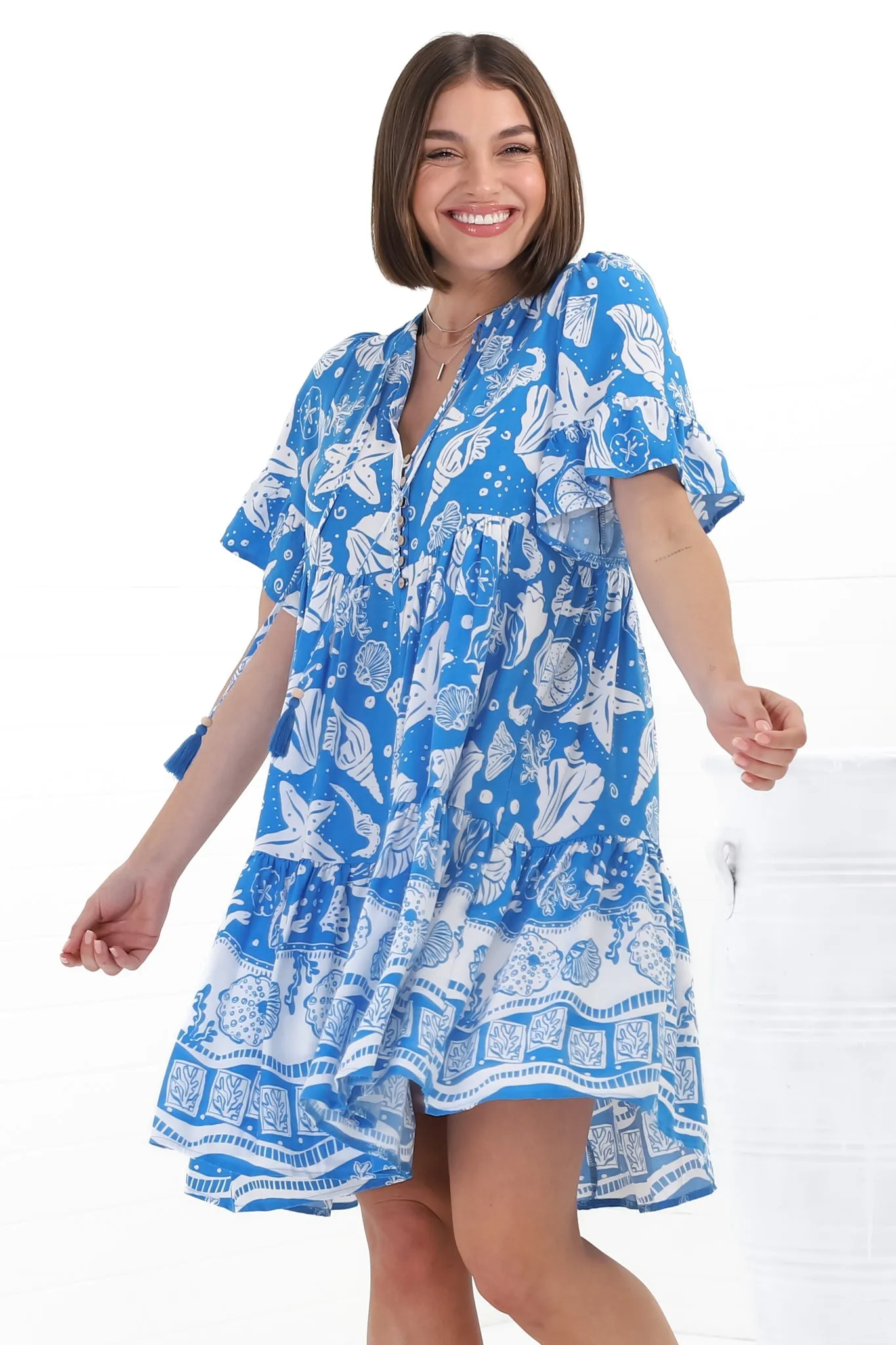 Siena Mini Dress - Flute Sleeve Tiered Smock Dress in Arwen Print sold by Salty Crush product image thumbnail 4