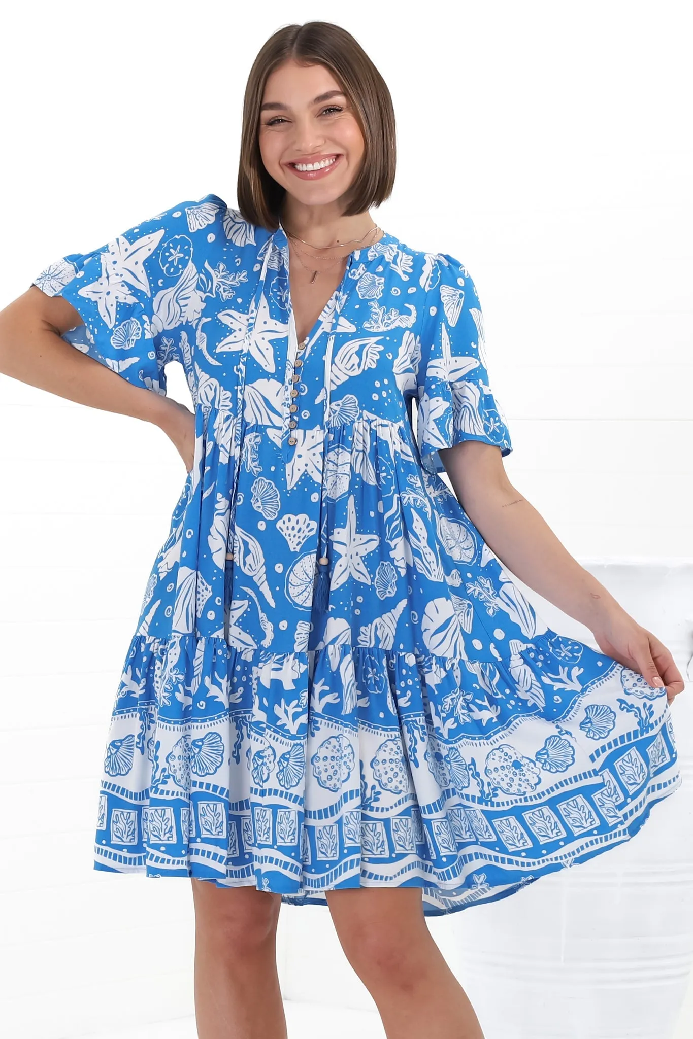 Siena Mini Dress - Flute Sleeve Tiered Smock Dress in Arwen Print sold by Salty Crush product image thumbnail 2