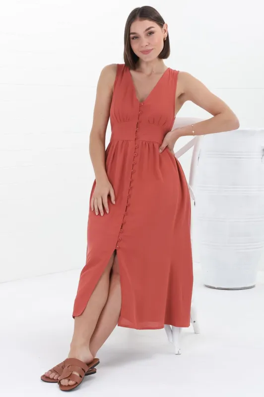 Anaya Midi Dress - V Neck Linen/Cotton Blend Button Down Sleeveless Dress in Red sold by Salty Crush