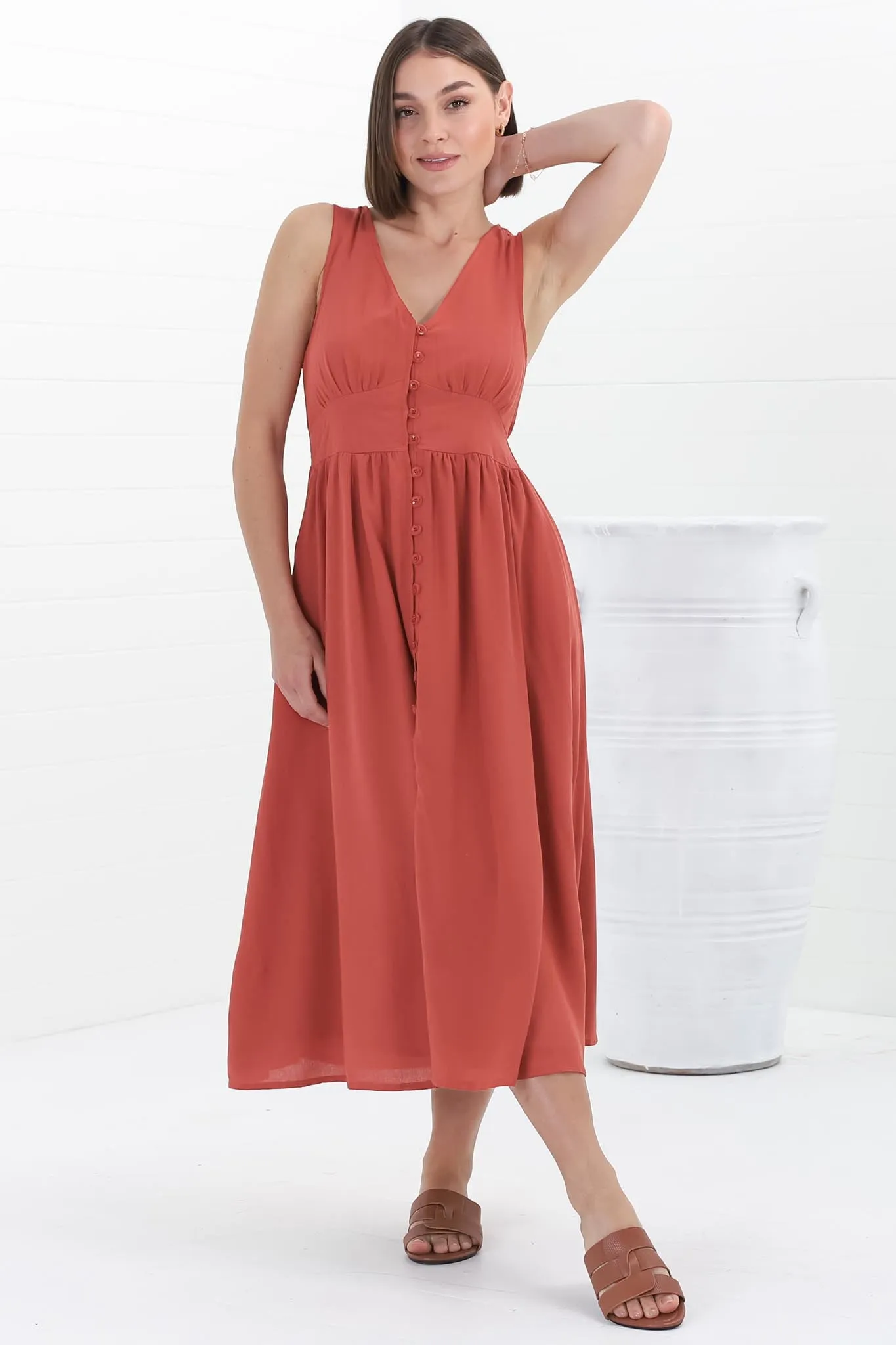 Anaya Midi Dress - V Neck Linen/Cotton Blend Button Down Sleeveless Dress in Red sold by Salty Crush product image thumbnail 5
