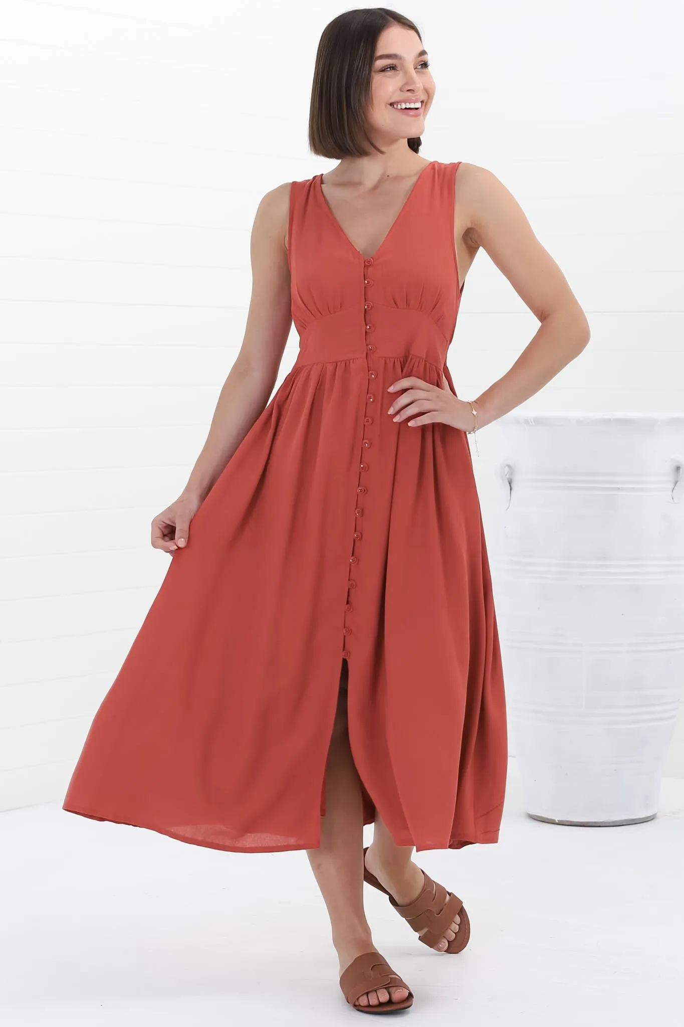 Anaya Midi Dress - V Neck Linen/Cotton Blend Button Down Sleeveless Dress in Red sold by Salty Crush product image thumbnail 4