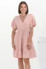 Kimmy Mini Dress - Lace Detailed Cape Sleeve Dress with Pull Tie Waist in Blush sold by Salty Crush