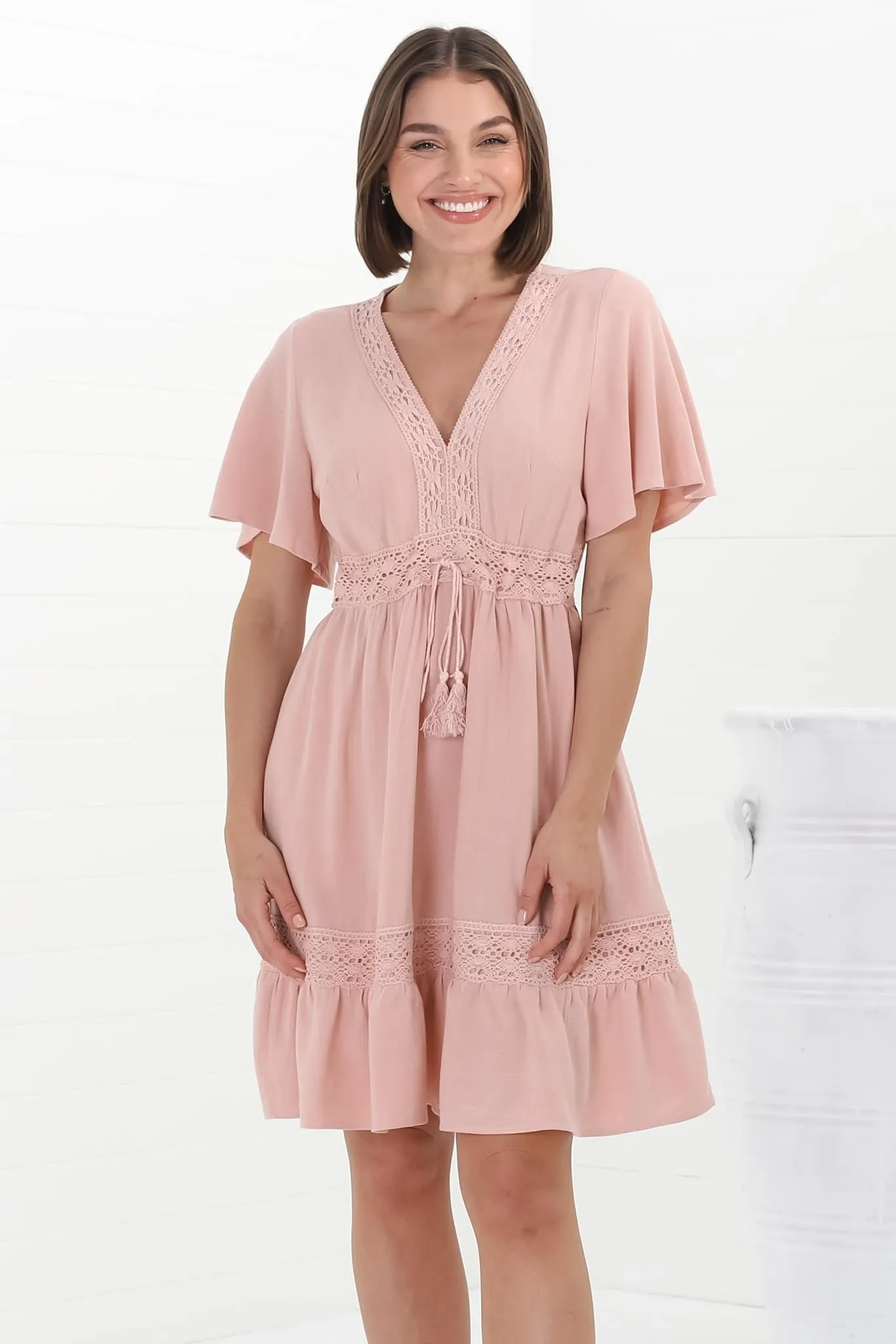 Kimmy Mini Dress - Lace Detailed Cape Sleeve Dress with Pull Tie Waist in Blush sold by Salty Crush product image thumbnail 5