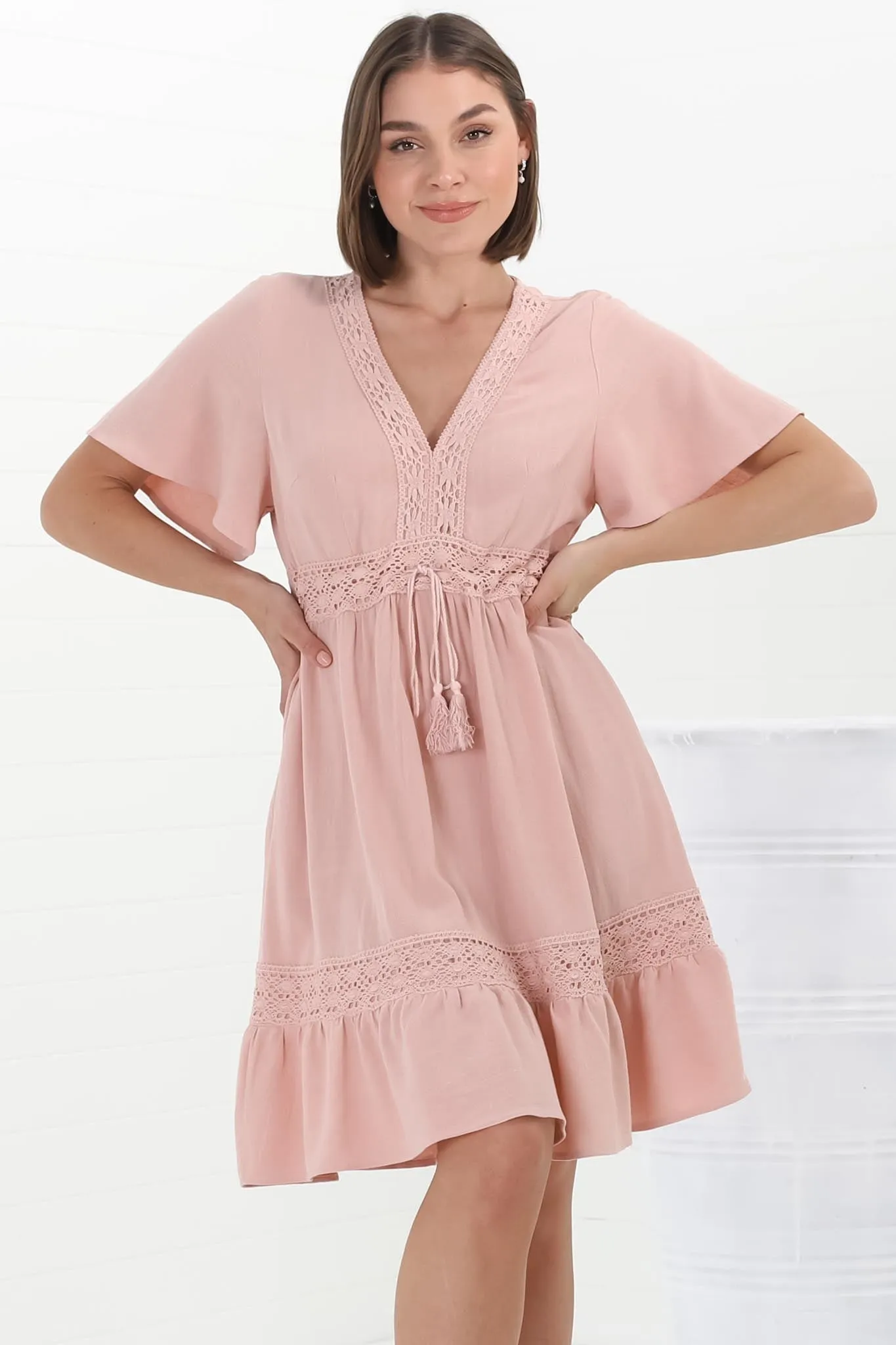 Kimmy Mini Dress - Lace Detailed Cape Sleeve Dress with Pull Tie Waist in Blush sold by Salty Crush product image thumbnail 4