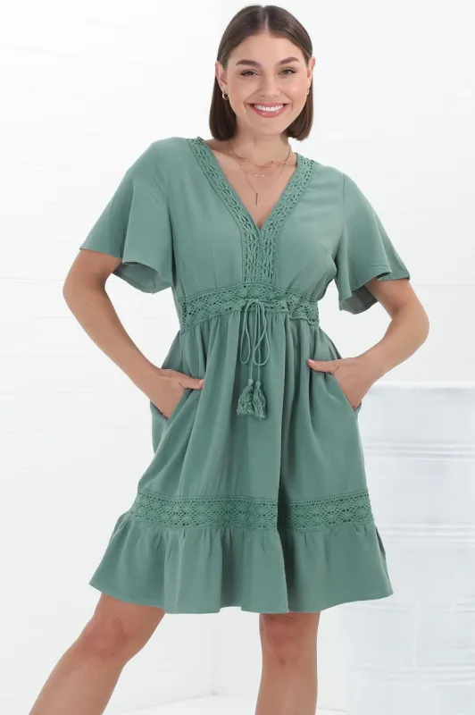 Kimmy Mini Dress - Lace Detailed Cape Sleeve Dress with Pull Tie Waist in Teal sold by Salty Crush