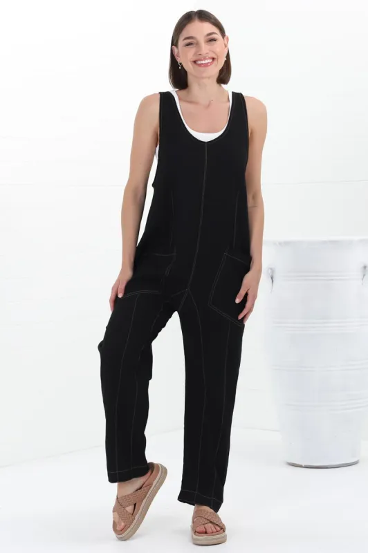 Bradley Jumpsuit - Scoop Neckline Overalls with Contrast Stitching in Black sold by Salty Crush