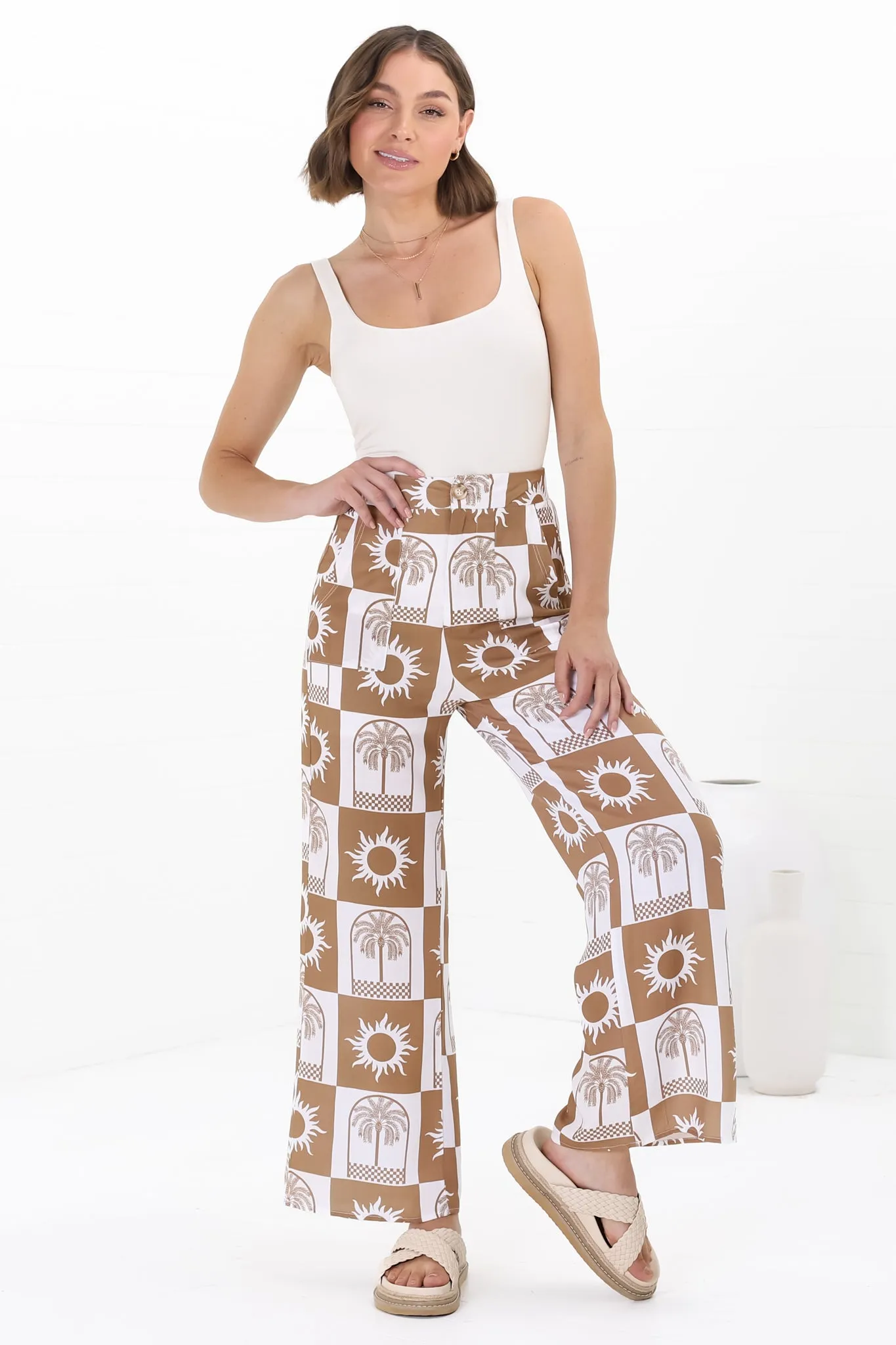 Georgie Pants - High Waisted Relaxed Straight Leg Pants in Layah Print Beige sold by Salty Crush product image thumbnail 4