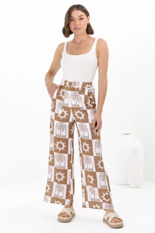 Georgie Pants - High Waisted Relaxed Straight Leg Pants in Layah Print Beige sold by Salty Crush