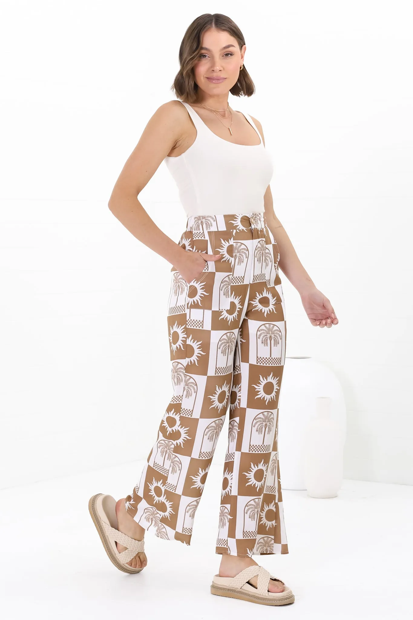Georgie Pants - High Waisted Relaxed Straight Leg Pants in Layah Print Beige sold by Salty Crush product image thumbnail 3