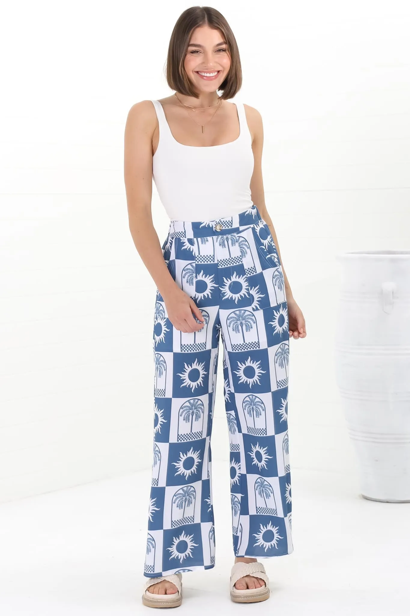 Georgie Pants - High Waisted Relaxed Straight Leg Pants in Layah Print Blue sold by Salty Crush product image thumbnail 2