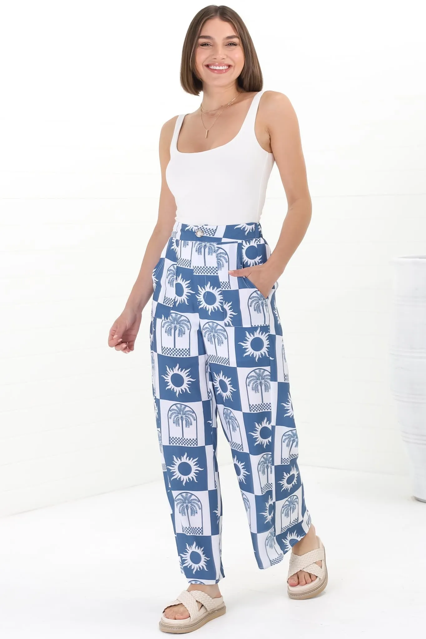 Georgie Pants - High Waisted Relaxed Straight Leg Pants in Layah Print Blue sold by Salty Crush