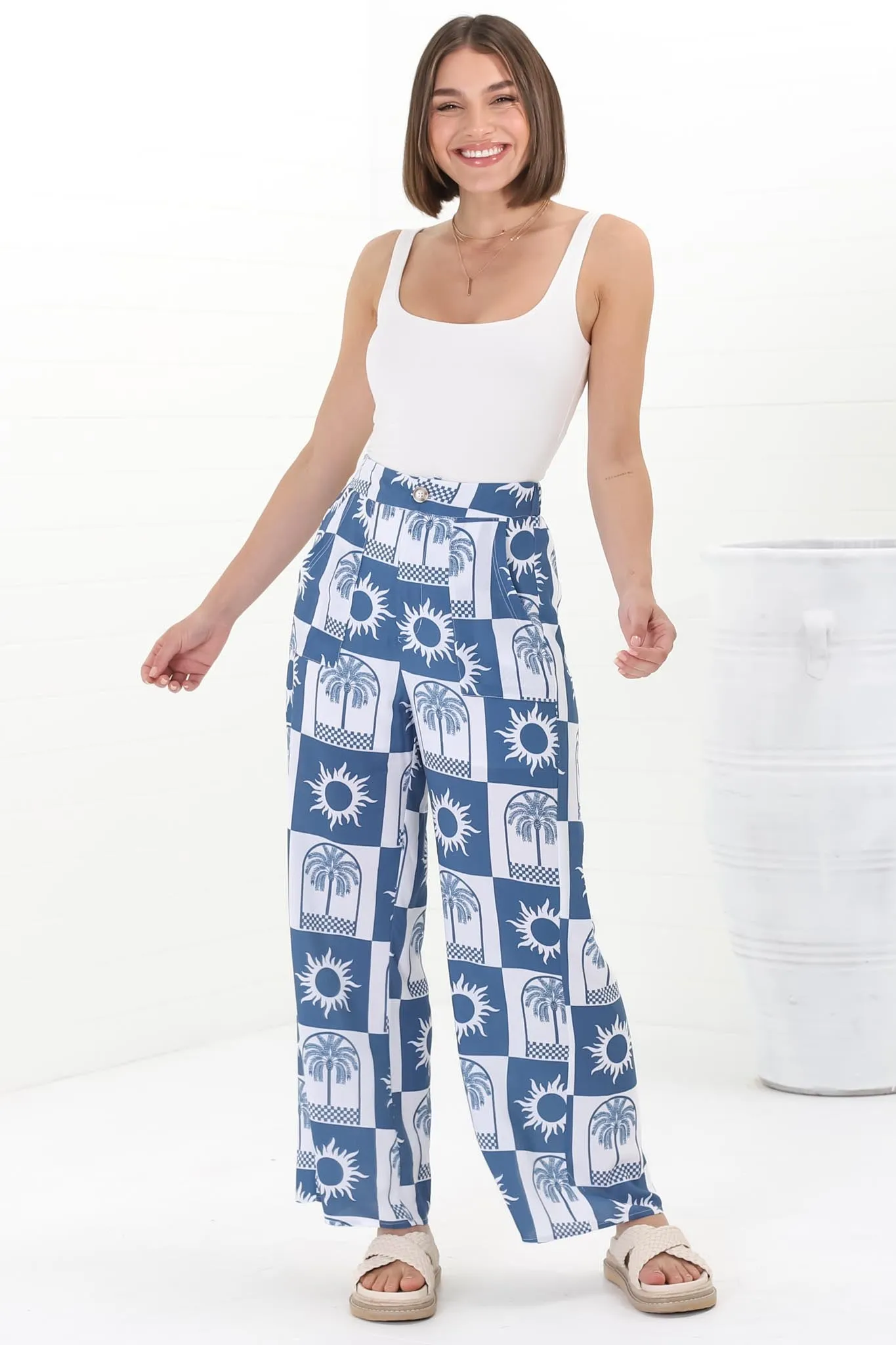 Georgie Pants - High Waisted Relaxed Straight Leg Pants in Layah Print Blue sold by Salty Crush product image thumbnail 5