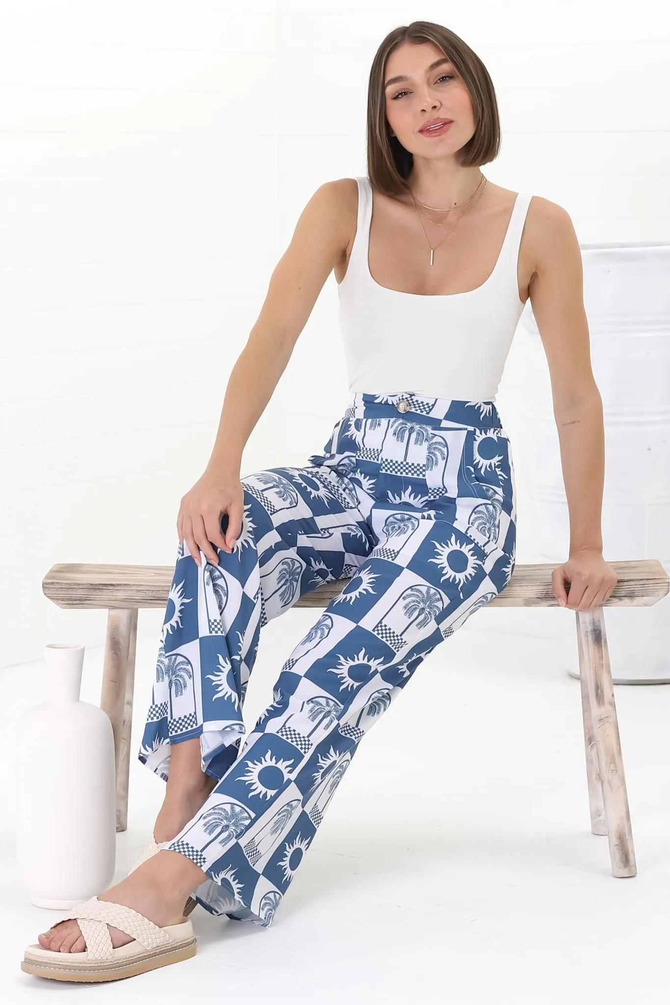 Georgie Pants - High Waisted Relaxed Straight Leg Pants in Layah Print Blue sold by Salty Crush product image thumbnail 3
