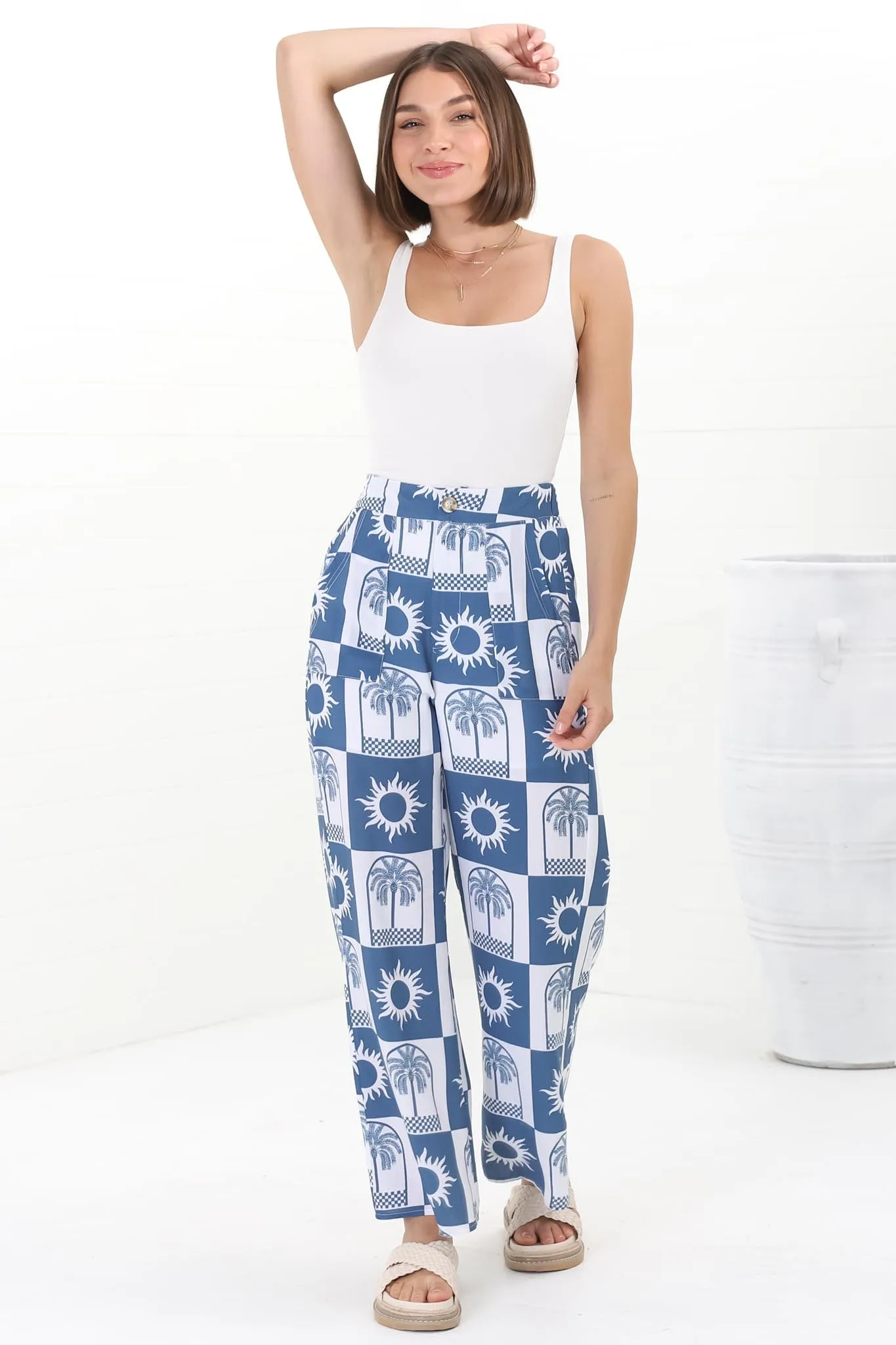 Georgie Pants - High Waisted Relaxed Straight Leg Pants in Layah Print Blue sold by Salty Crush product image thumbnail 4