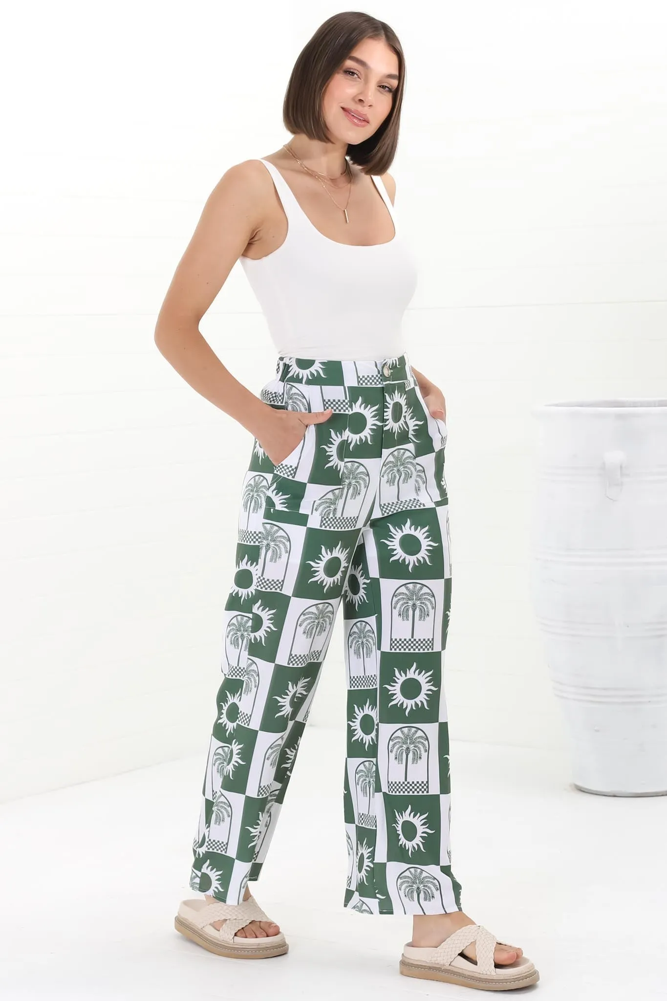 Georgie Pants - High Waisted Relaxed Straight Leg Pants in Layah Print Green sold by Salty Crush product image thumbnail 3
