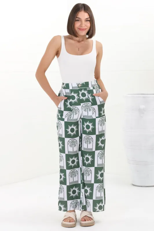 Georgie Pants - High Waisted Relaxed Straight Leg Pants in Layah Print Green sold by Salty Crush