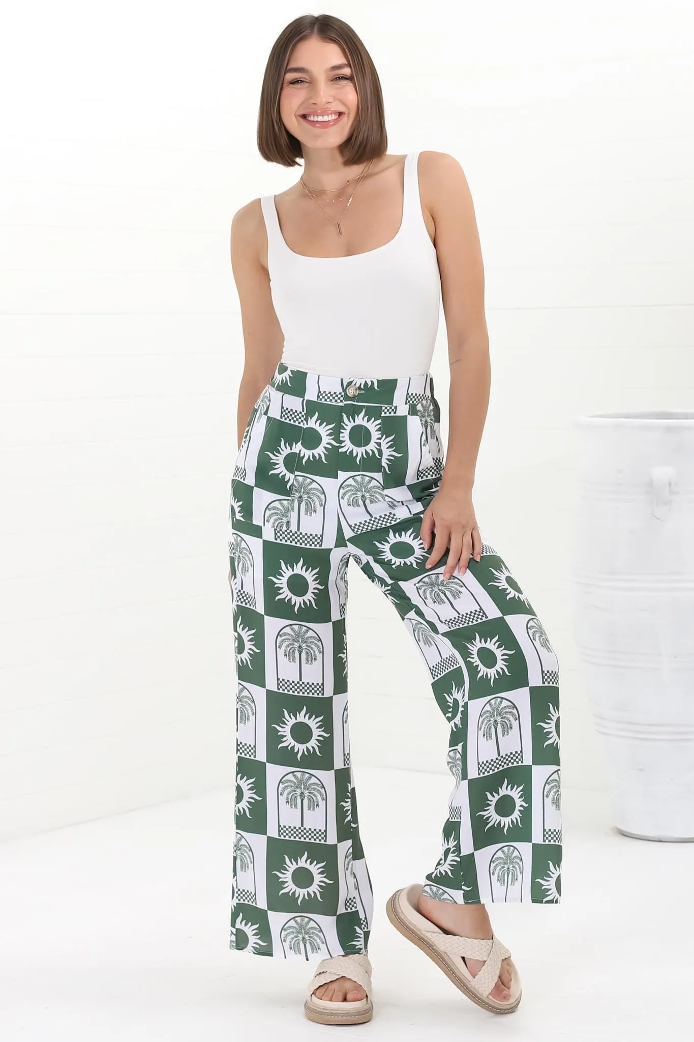 Georgie Pants - High Waisted Relaxed Straight Leg Pants in Layah Print Green sold by Salty Crush product image thumbnail 2