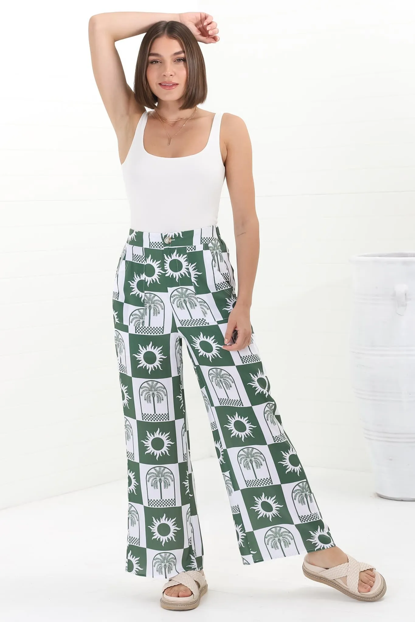 Georgie Pants - High Waisted Relaxed Straight Leg Pants in Layah Print Green sold by Salty Crush product image thumbnail 4