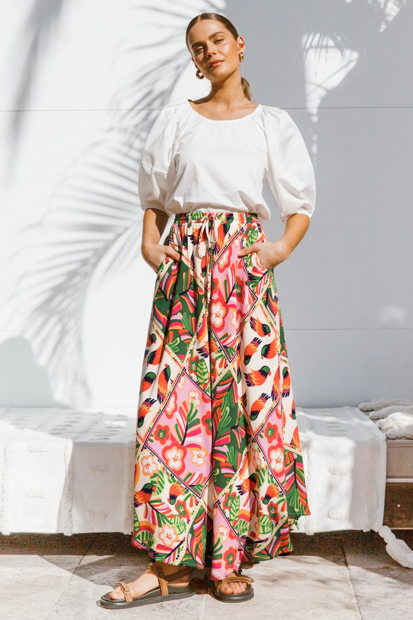 Yara Maxi Skirt - High Waisted Scoop Hemline Skirt with Pockets in Labelle Print sold by Salty Crush