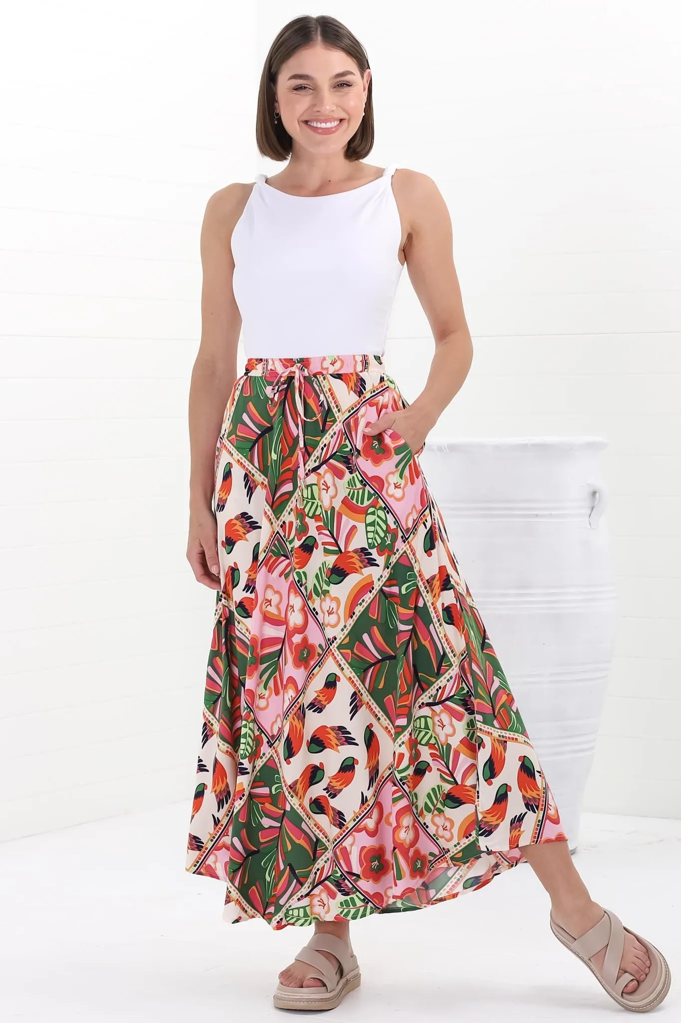 Yara Maxi Skirt - High Waisted Scoop Hemline Skirt with Pockets in Labelle Print sold by Salty Crush product image thumbnail 5