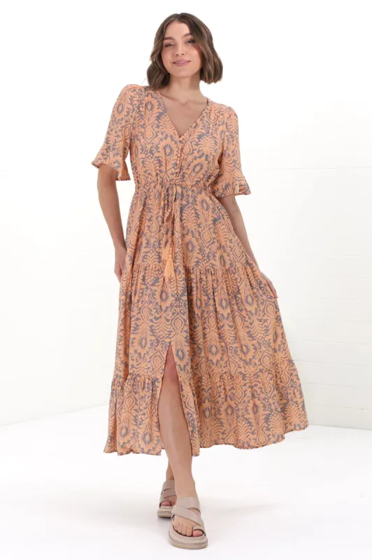 Andiara Midi Dress - A-Line Dress with Flute Sleeves and Waist Tie in Lacan Print sold by Salty Crush