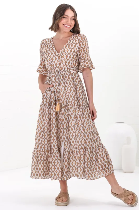 Andiara Midi Dress - A-Line Dress with Flute Sleeves and Waist Tie in Marah Print sold by Salty Crush