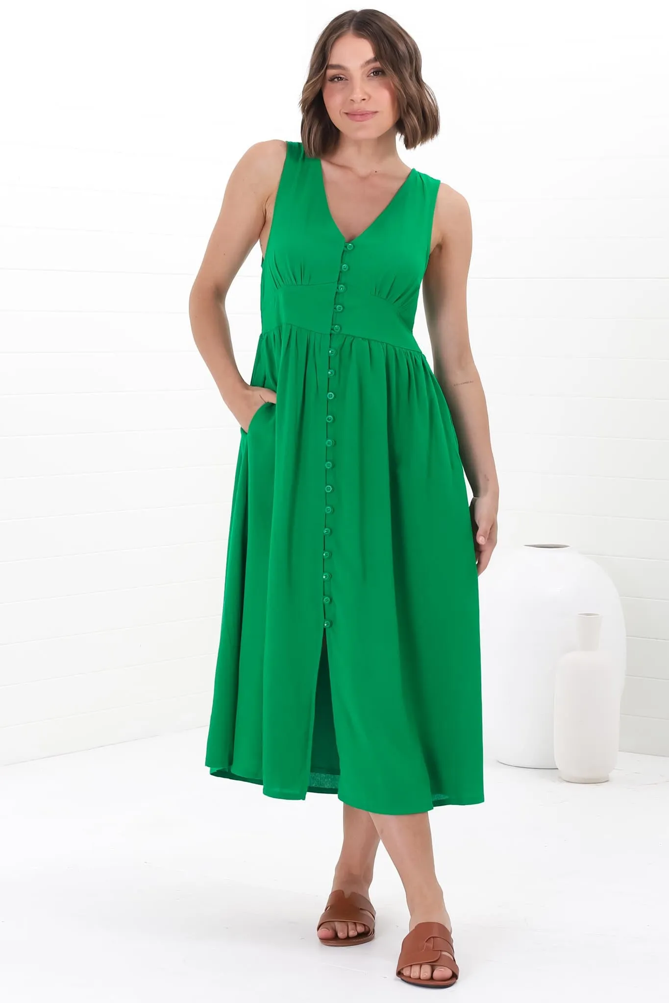 Anaya Midi Dress - V Neck Linen/Cotton Blend Button Down Sleeveless Dress in Green sold by Salty Crush product image thumbnail 2