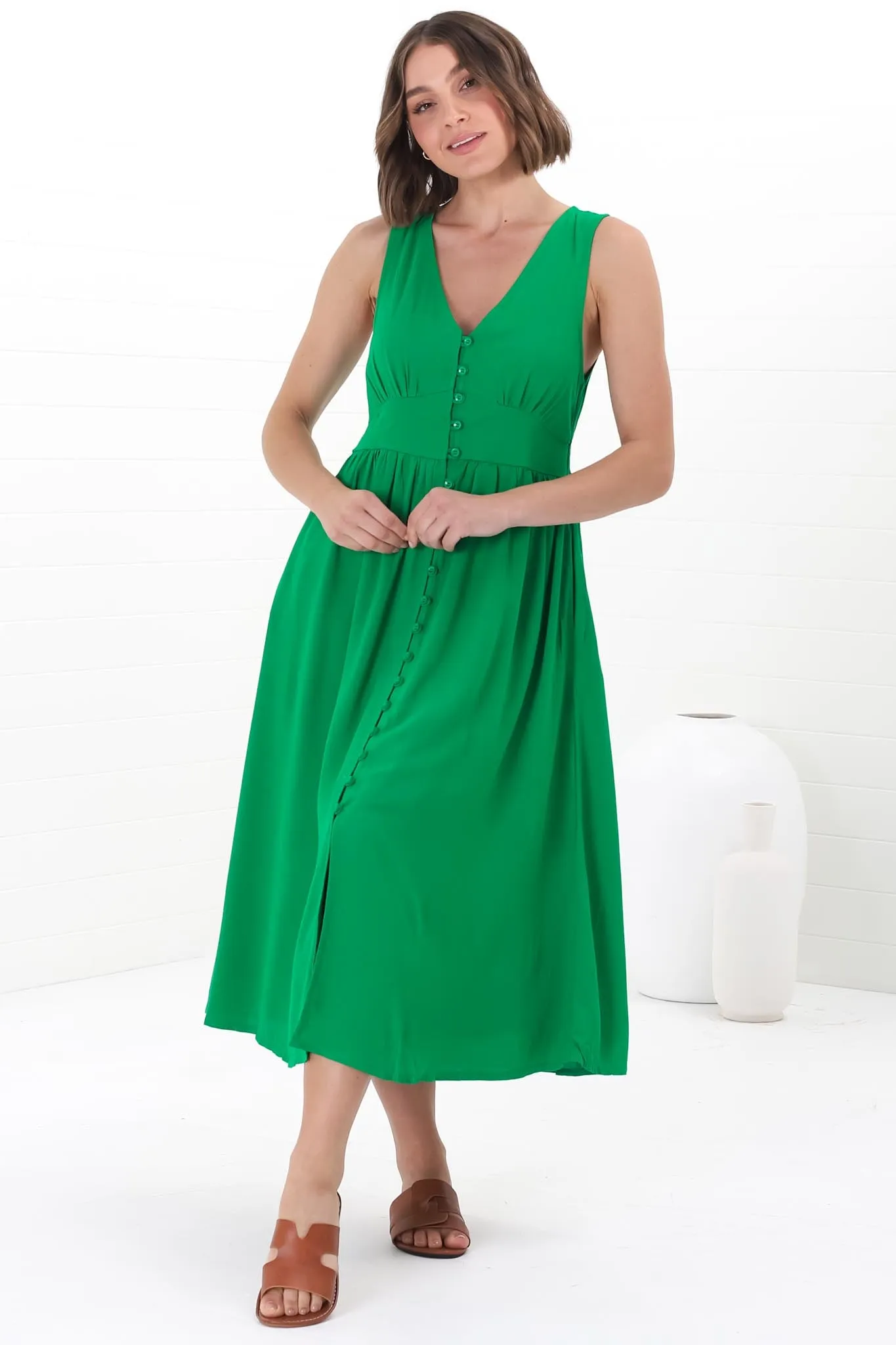 Anaya Midi Dress - V Neck Linen/Cotton Blend Button Down Sleeveless Dress in Green sold by Salty Crush product image thumbnail 3