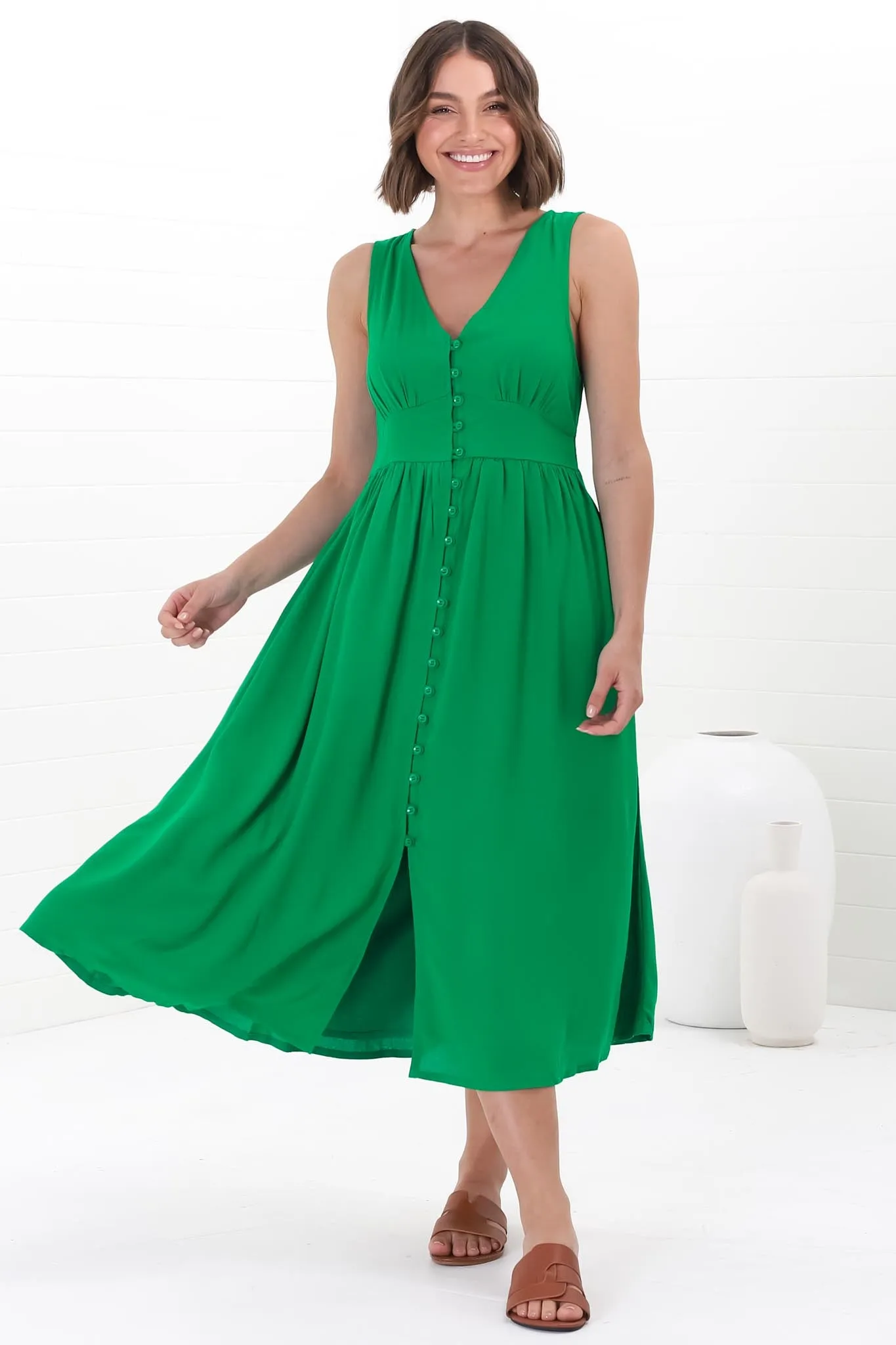 Anaya Midi Dress - V Neck Linen/Cotton Blend Button Down Sleeveless Dress in Green sold by Salty Crush product image thumbnail 4