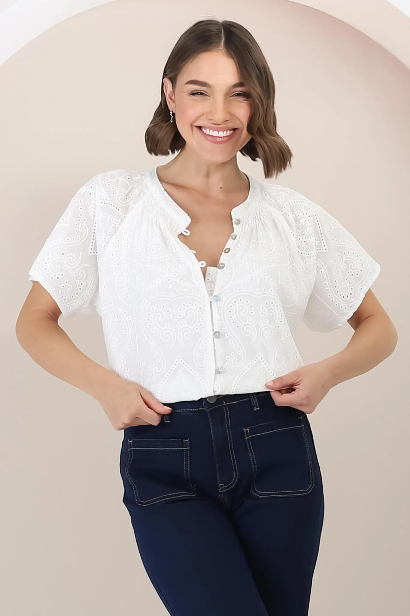 Felicity Blouse - Mandarin Collar Button-Down Embroidered Blouse in White sold by Salty Crush product image thumbnail 3