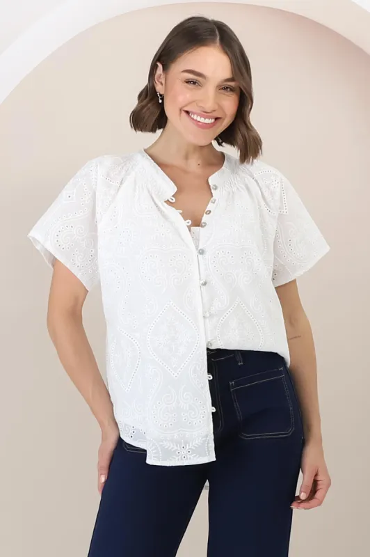 Felicity Blouse - Mandarin Collar Button-Down Embroidered Blouse in White sold by Salty Crush