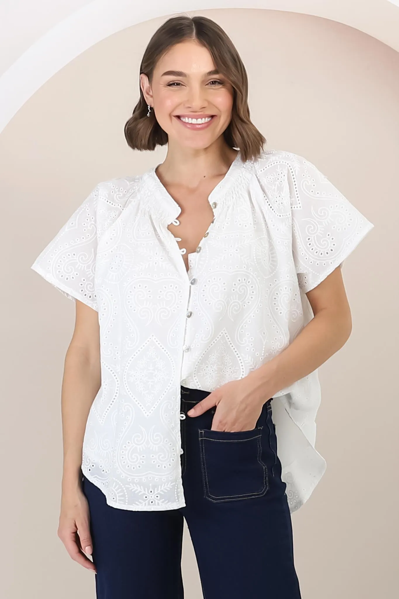 Felicity Blouse - Mandarin Collar Button-Down Embroidered Blouse in White sold by Salty Crush product image thumbnail 4