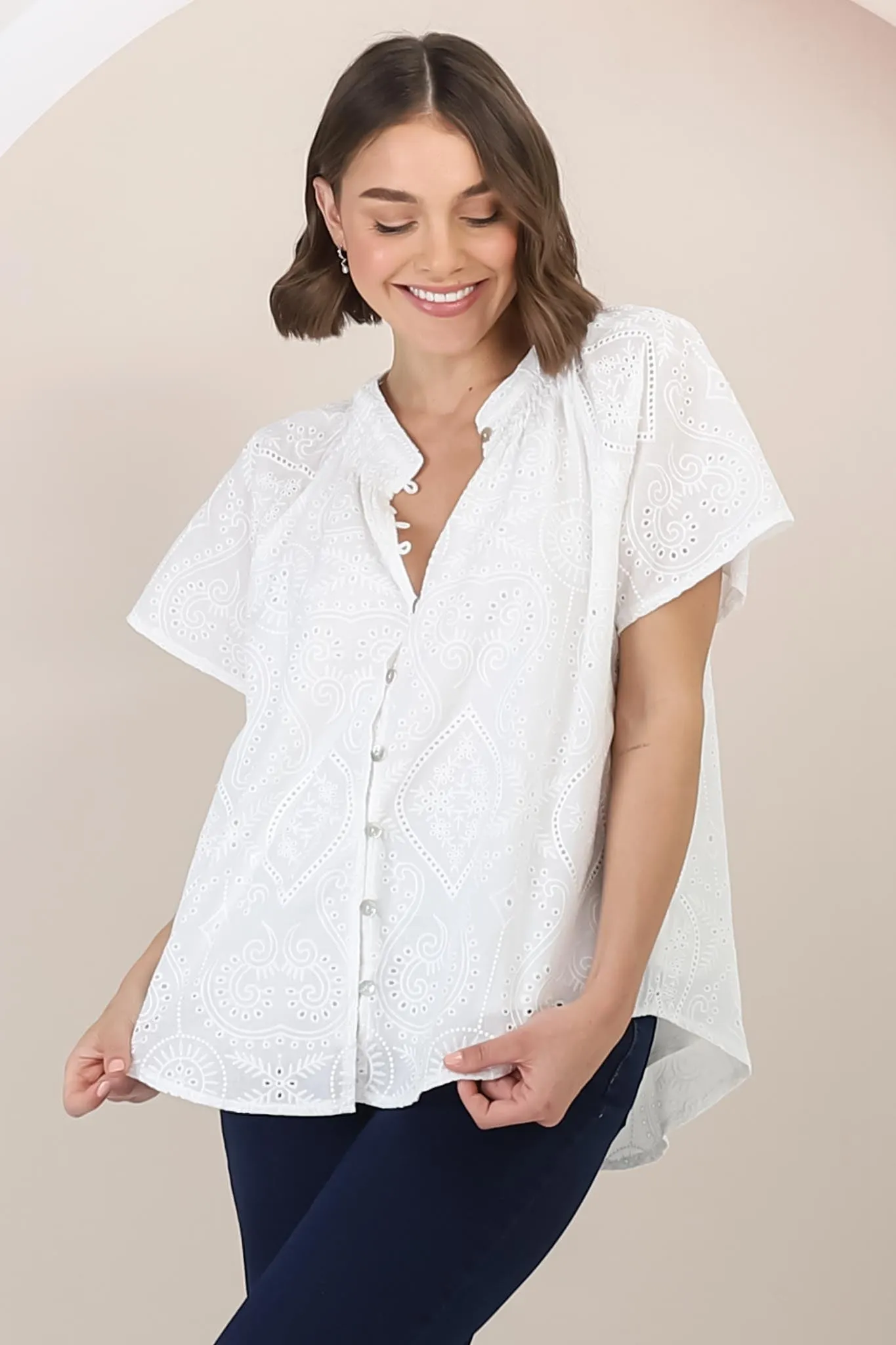 Felicity Blouse - Mandarin Collar Button-Down Embroidered Blouse in White sold by Salty Crush product image thumbnail 2