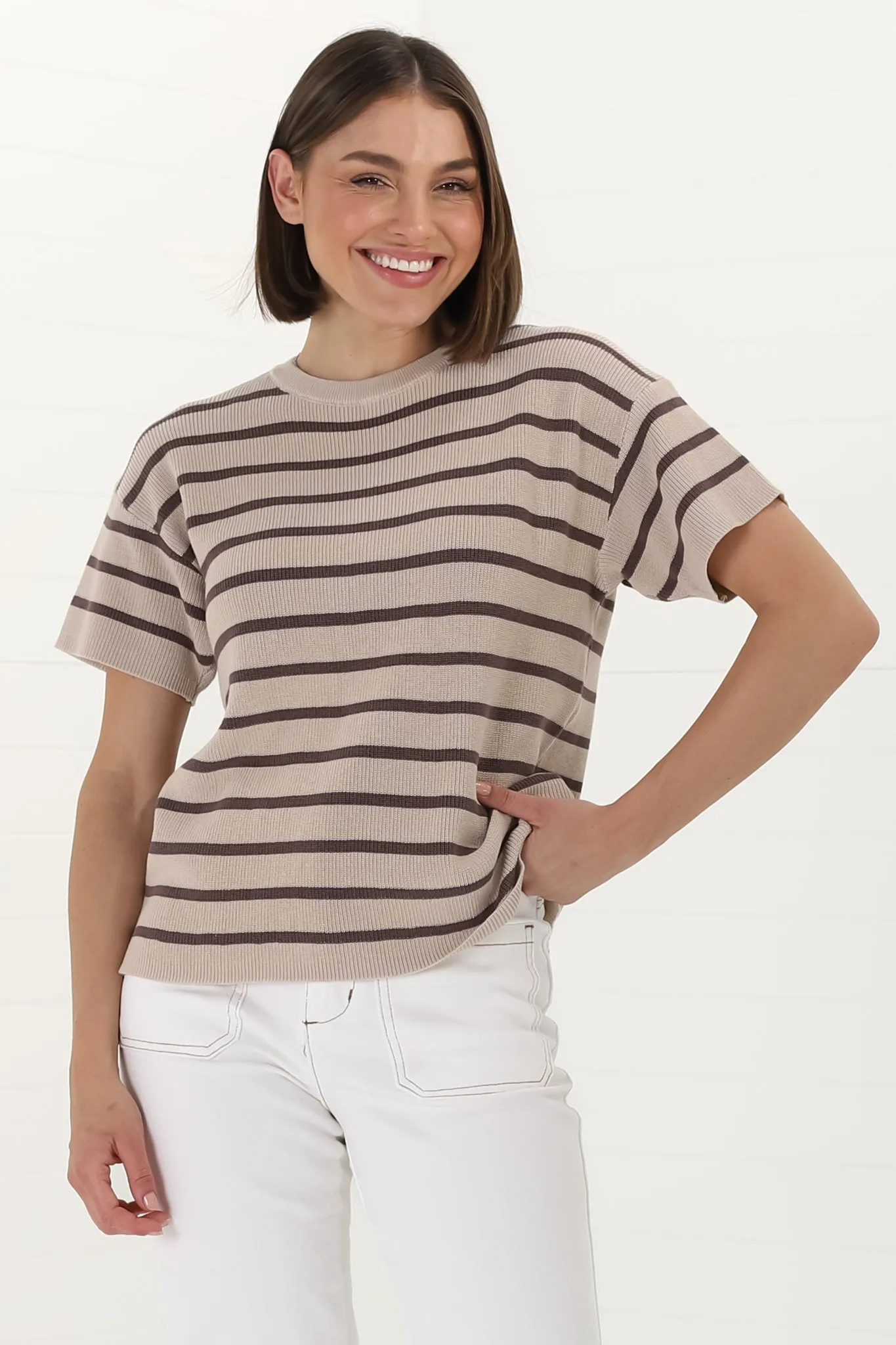 Alden Knit Top: Relaxed Striped Crew Neck Top in Mocha sold by Salty Crush product image thumbnail 2